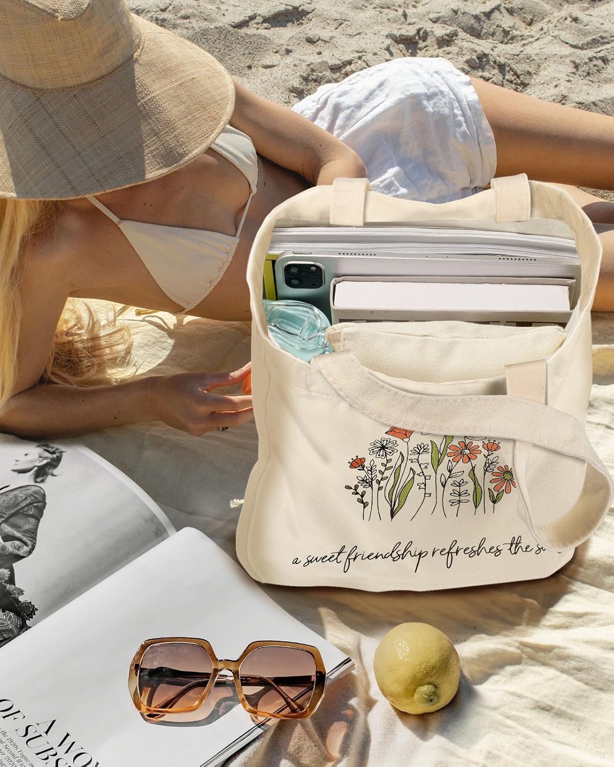 image:imageMiss Adola Aesthetic 2 Pack Canvas Tote Bag with Makeup Zipper Pouch for Women Bag for Shopping Gym Travel VacationFriendship Flower