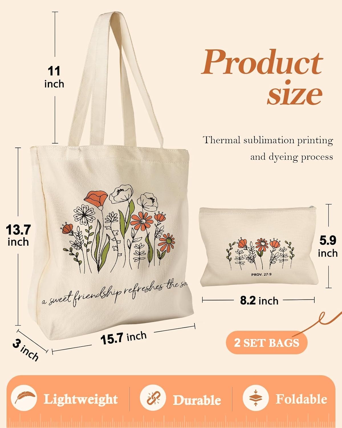 image:imageMiss Adola Aesthetic 2 Pack Canvas Tote Bag with Makeup Zipper Pouch for Women Bag for Shopping Gym Travel VacationFriendship Flower