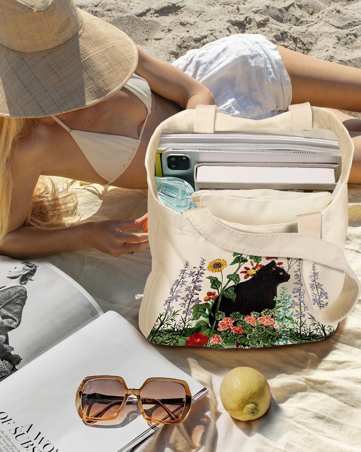 image:imageMiss Adola Aesthetic 2 Pack Canvas Tote Bag with Makeup Zipper Pouch for Women Bag for Shopping Gym Travel VacationGrass Cat