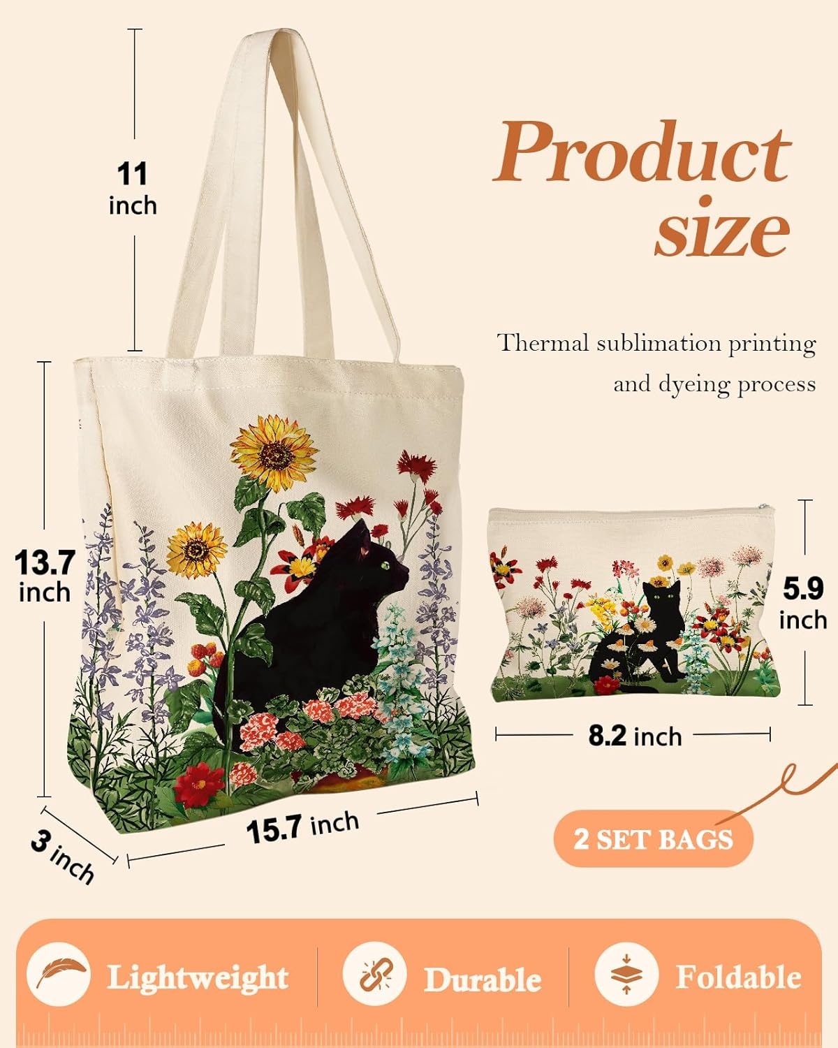 image:imageMiss Adola Aesthetic 2 Pack Canvas Tote Bag with Makeup Zipper Pouch for Women Bag for Shopping Gym Travel VacationGrass Cat
