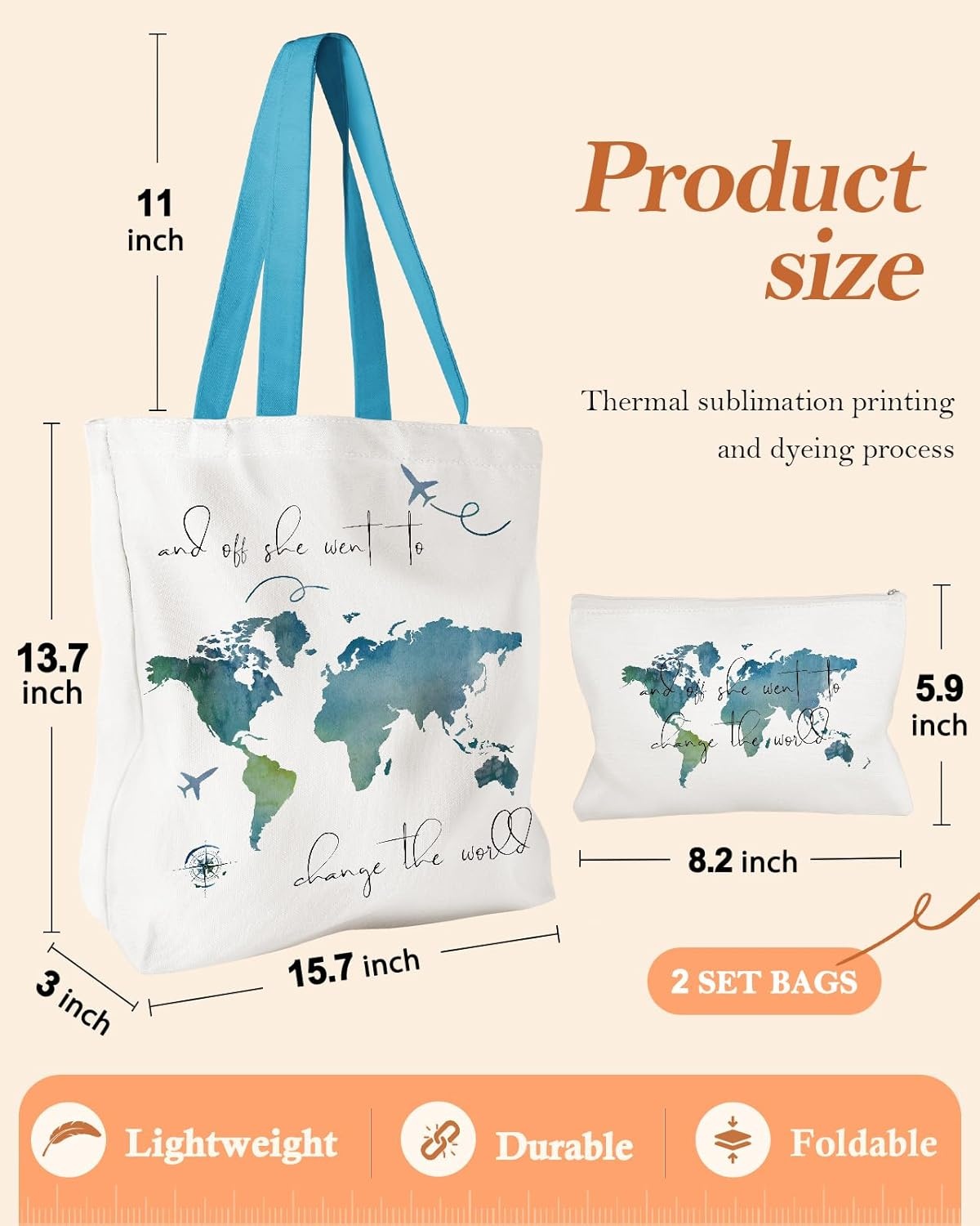 image:imageMiss Adola Aesthetic 2 Pack Canvas Tote Bag with Makeup Zipper Pouch for Women Bag for Shopping Gym Travel VacationWatercolour Map