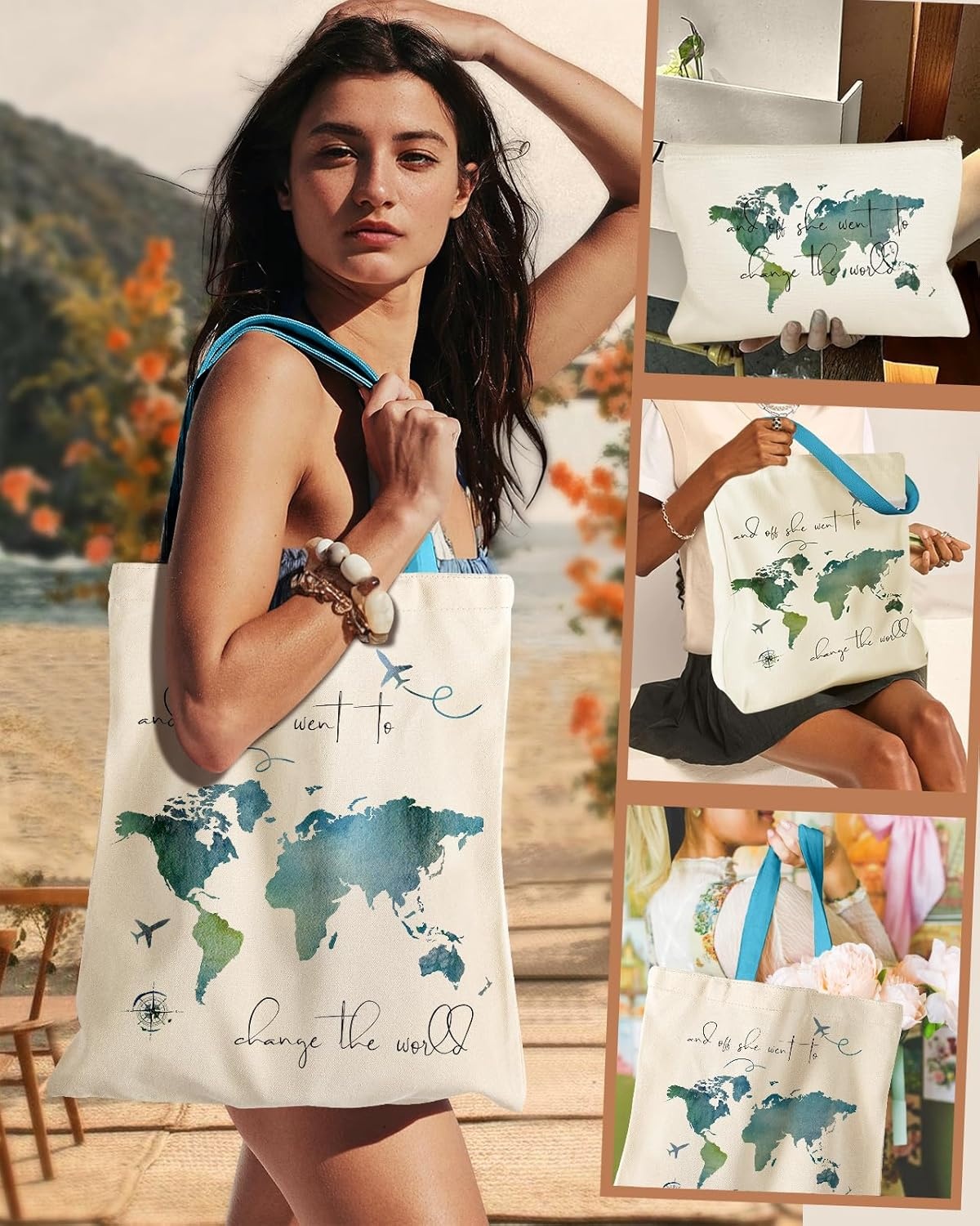 image:imageMiss Adola Aesthetic 2 Pack Canvas Tote Bag with Makeup Zipper Pouch for Women Bag for Shopping Gym Travel VacationWatercolour Map