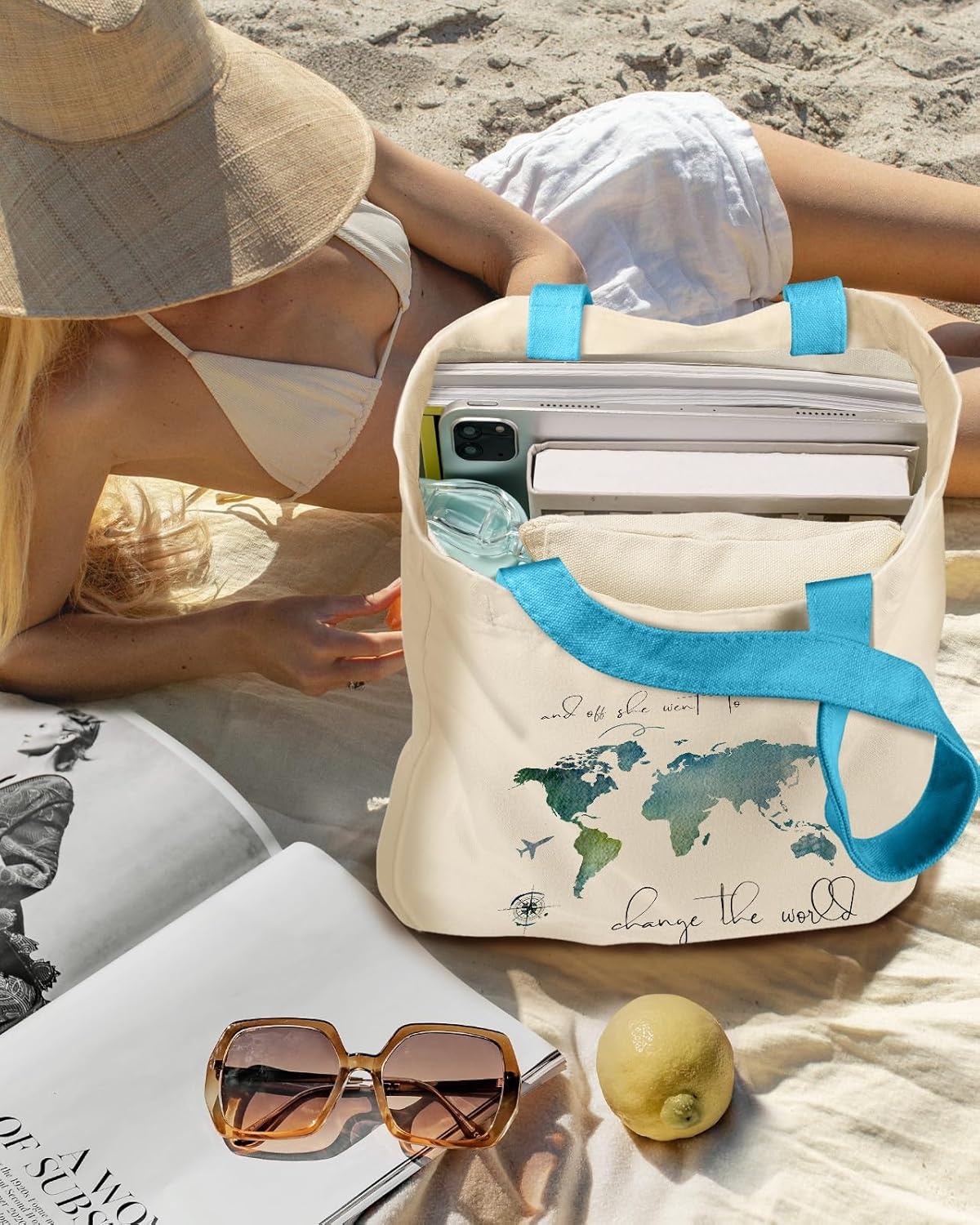 image:imageMiss Adola Aesthetic 2 Pack Canvas Tote Bag with Makeup Zipper Pouch for Women Bag for Shopping Gym Travel VacationWatercolour Map