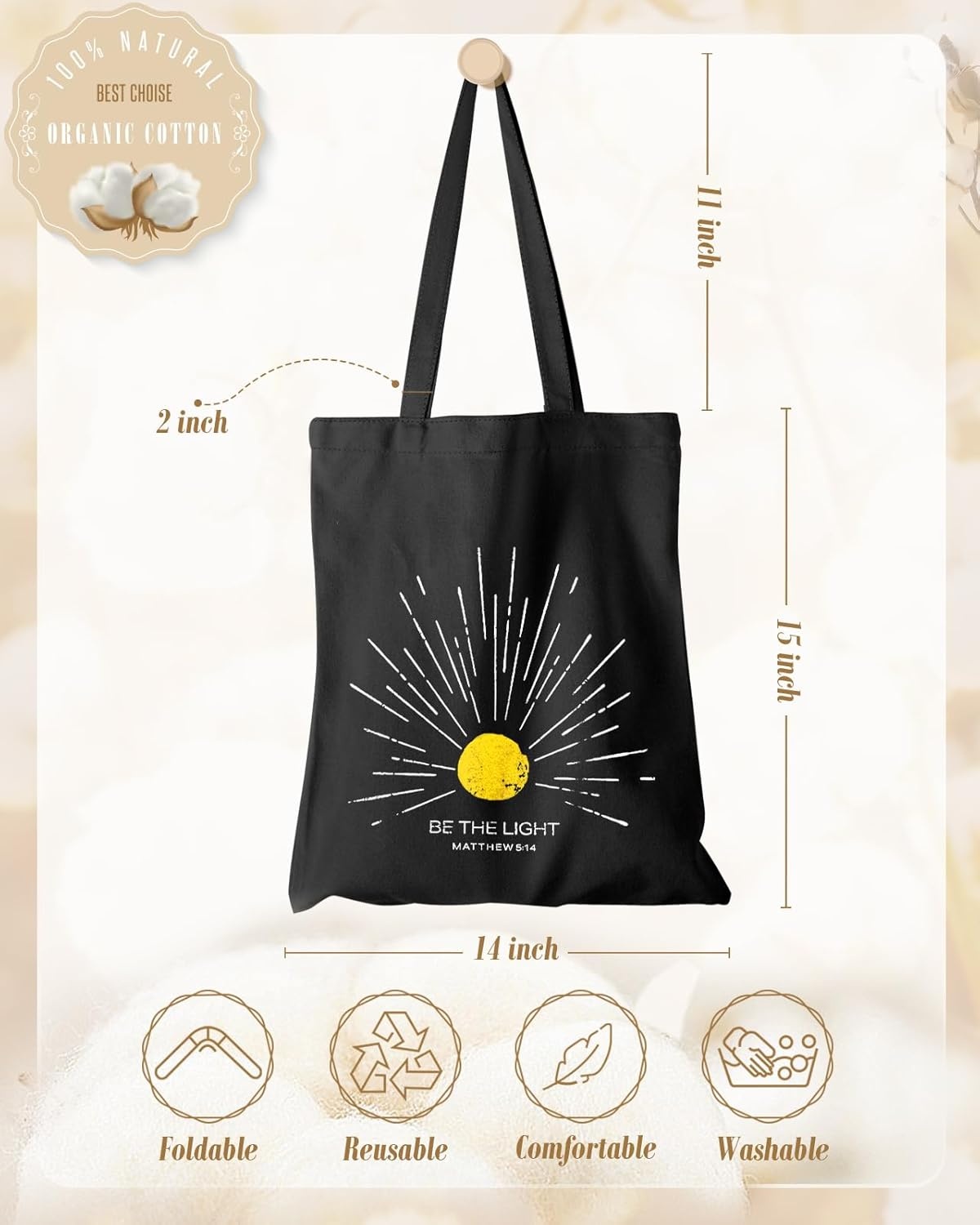 image:imageMiss Adola Aesthetic Canvas Tote Bag with Inner Pocket for Women Cloth Cotton Totes Bag with Pattern for Shopping GymBe the Light
