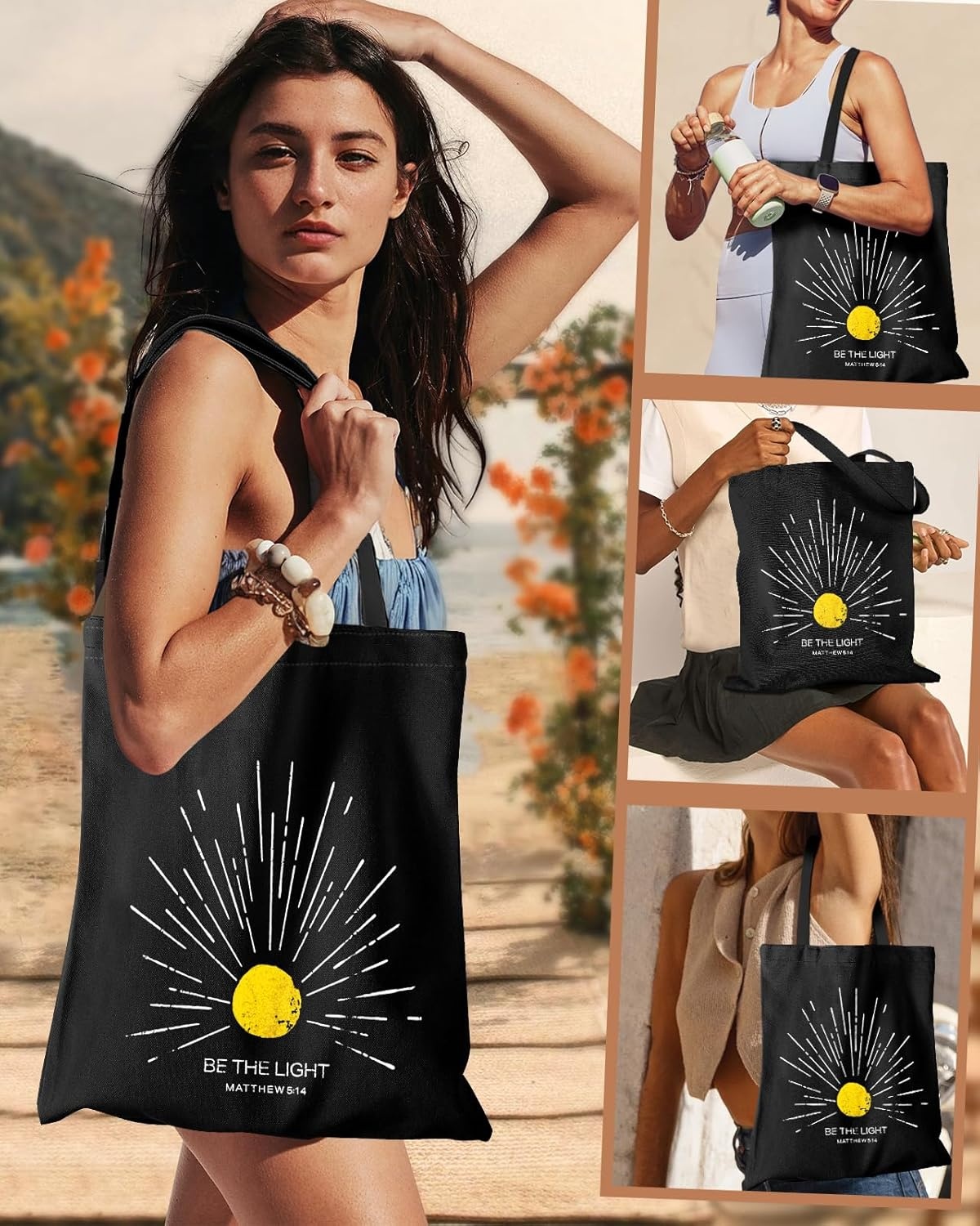 image:imageMiss Adola Aesthetic Canvas Tote Bag with Inner Pocket for Women Cloth Cotton Totes Bag with Pattern for Shopping GymBe the Light