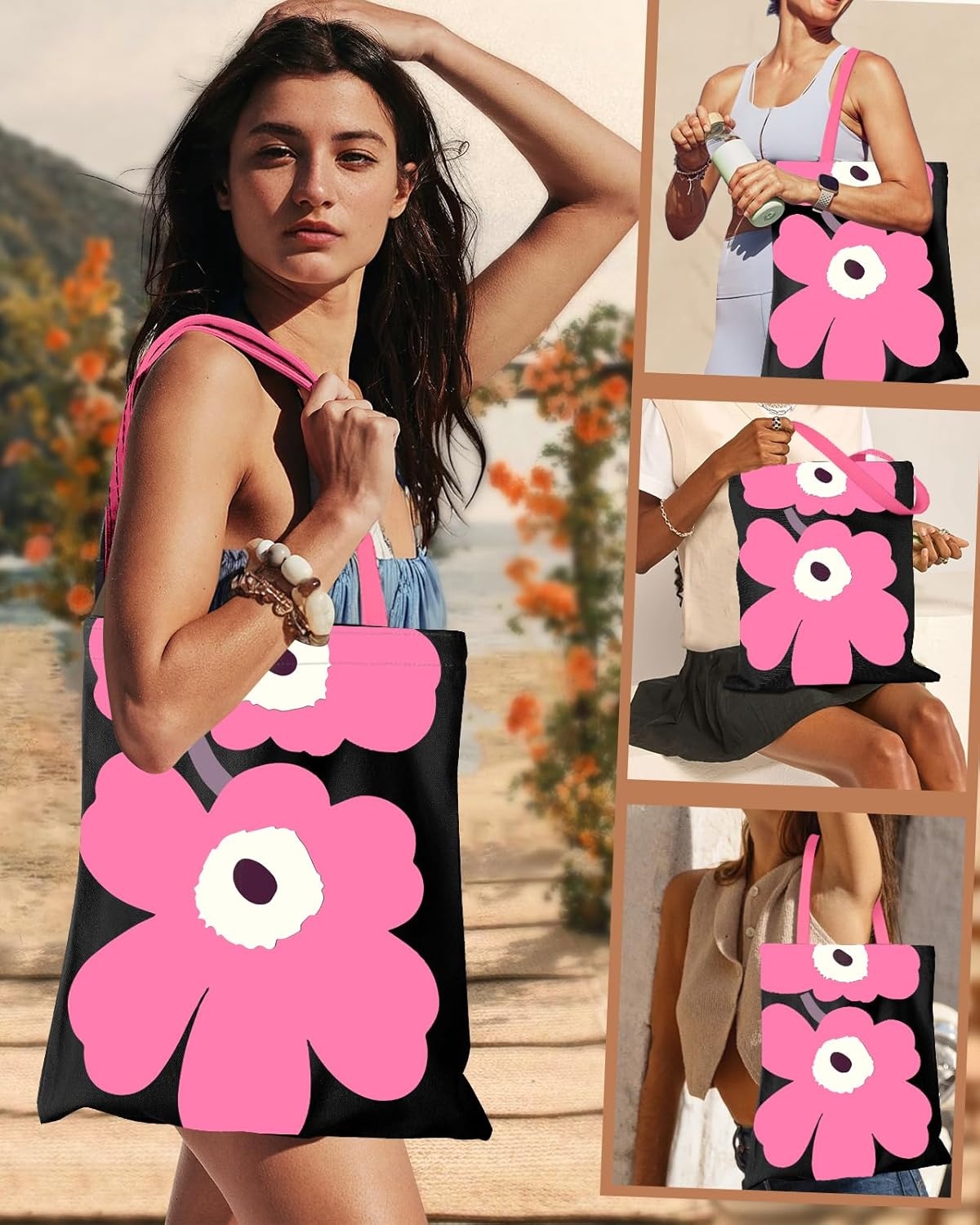 image:imageMiss Adola Aesthetic Canvas Tote Bag with Inner Pocket for Women Cloth Cotton Totes Bag with Pattern for Shopping GymBk Pk Flower