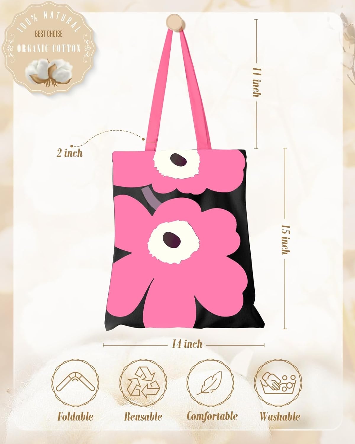 image:imageMiss Adola Aesthetic Canvas Tote Bag with Inner Pocket for Women Cloth Cotton Totes Bag with Pattern for Shopping GymBk Pk Flower