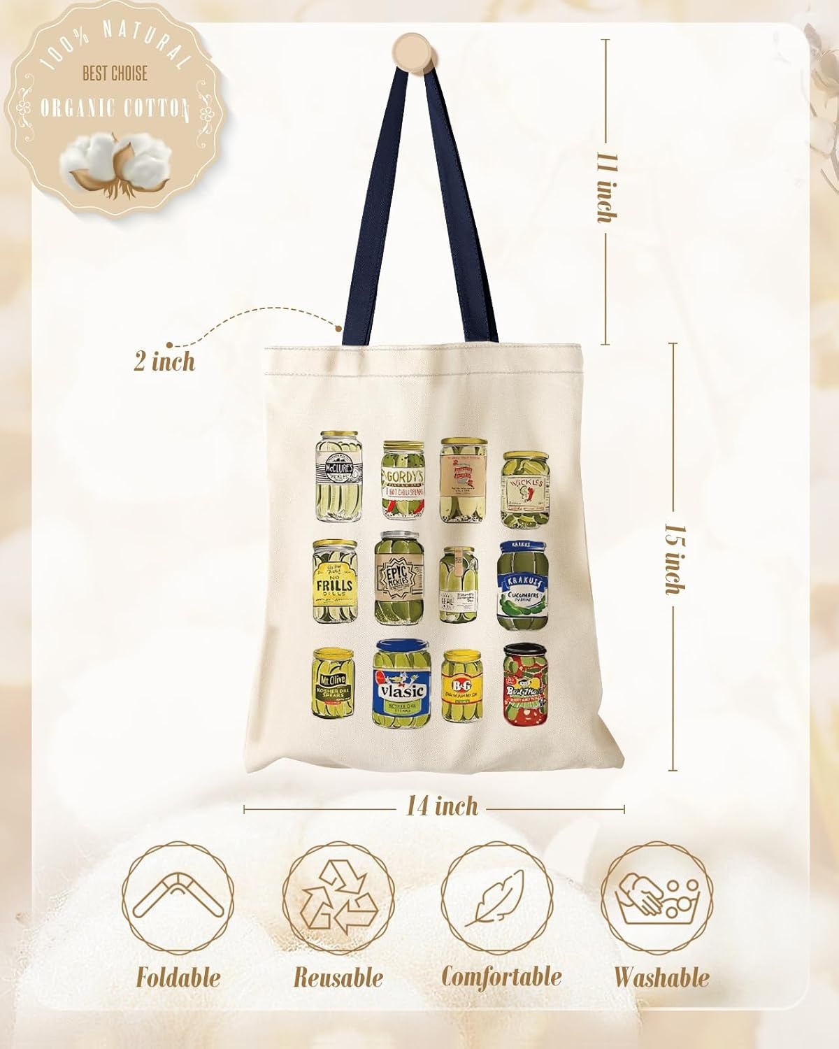 image:imageMiss Adola Aesthetic Canvas Tote Bag with Inner Pocket for Women Cloth Cotton Totes Bag with Pattern for Shopping GymCanned Pickle