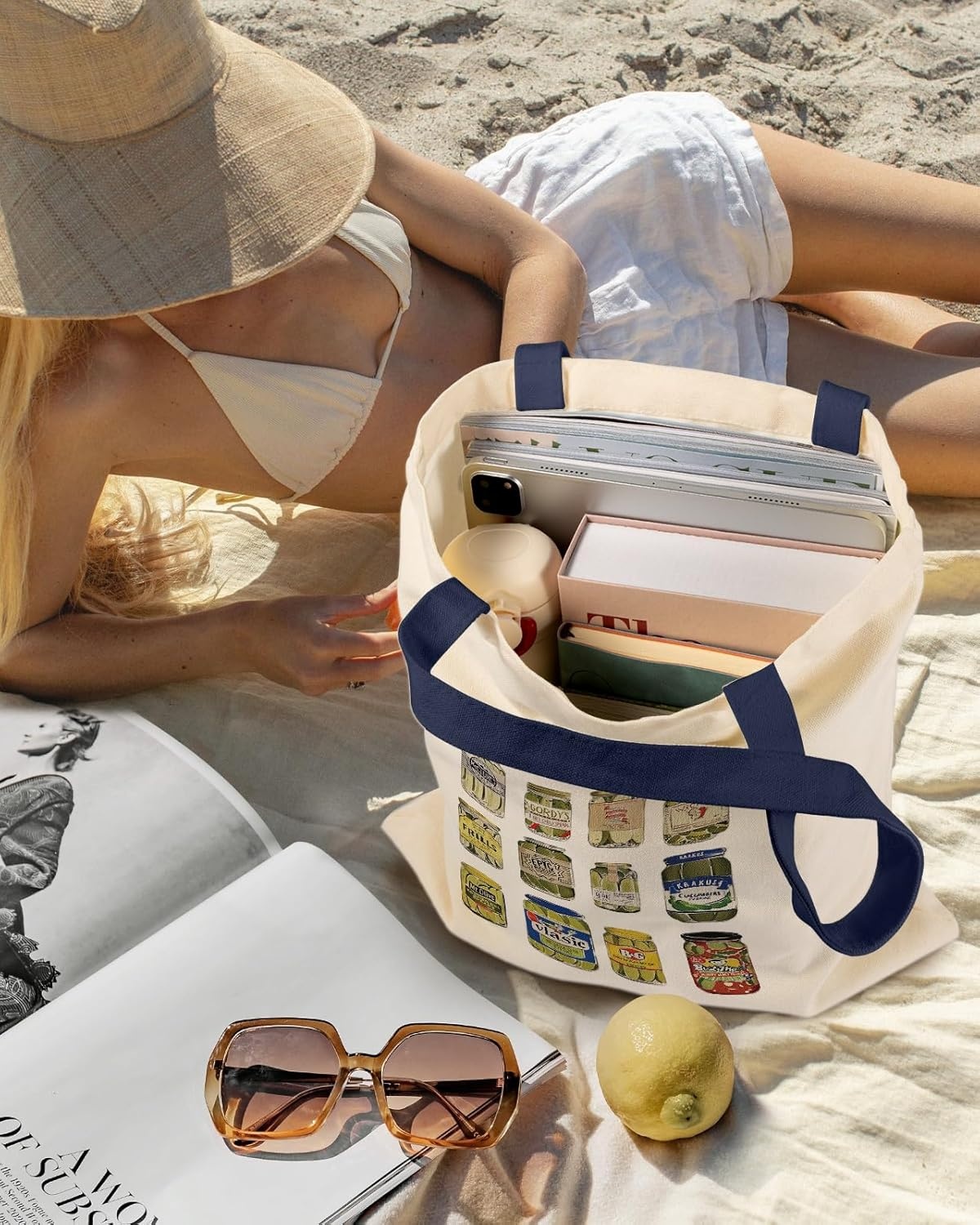 image:imageMiss Adola Aesthetic Canvas Tote Bag with Inner Pocket for Women Cloth Cotton Totes Bag with Pattern for Shopping GymCanned Pickle