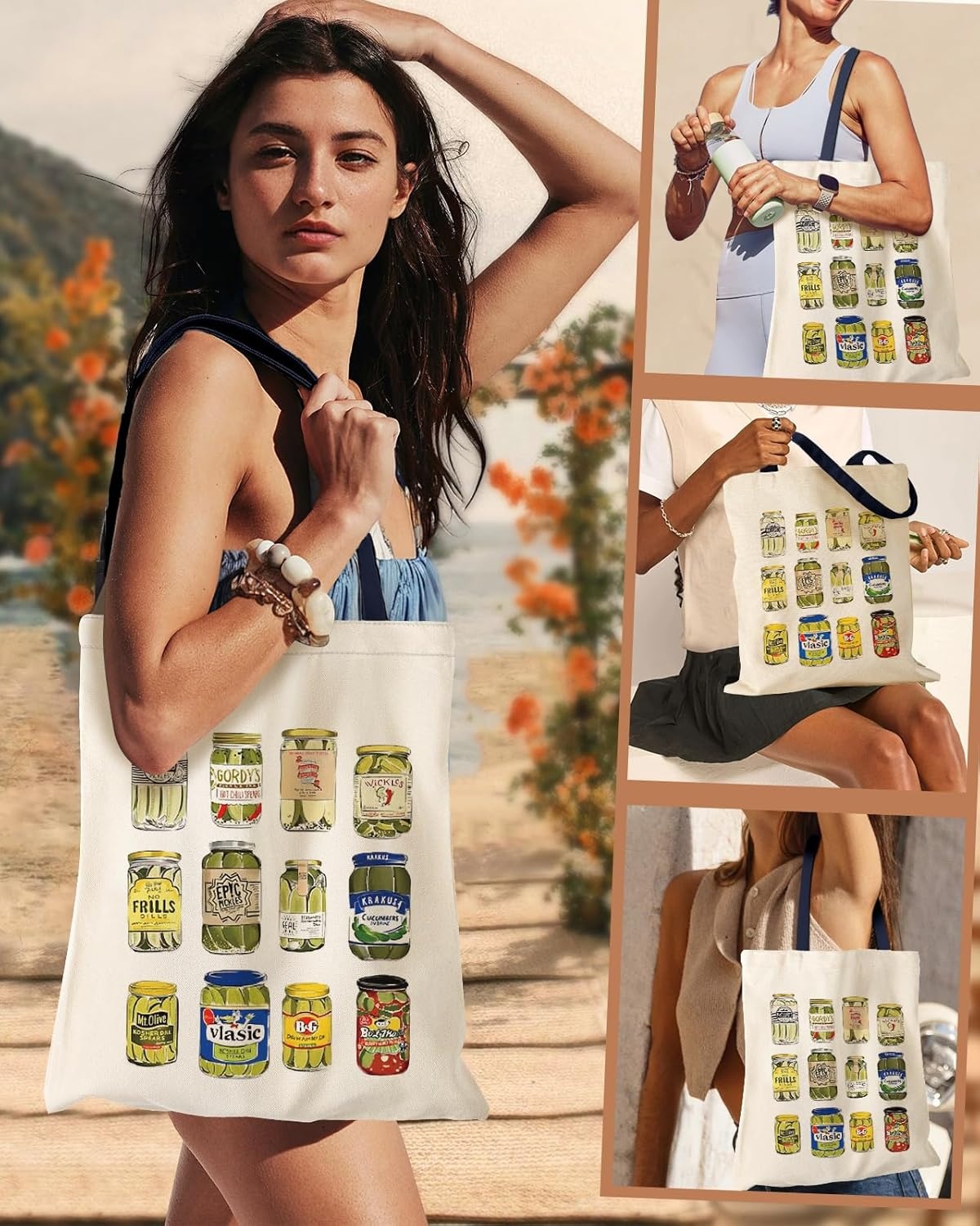 image:imageMiss Adola Aesthetic Canvas Tote Bag with Inner Pocket for Women Cloth Cotton Totes Bag with Pattern for Shopping GymCanned Pickle