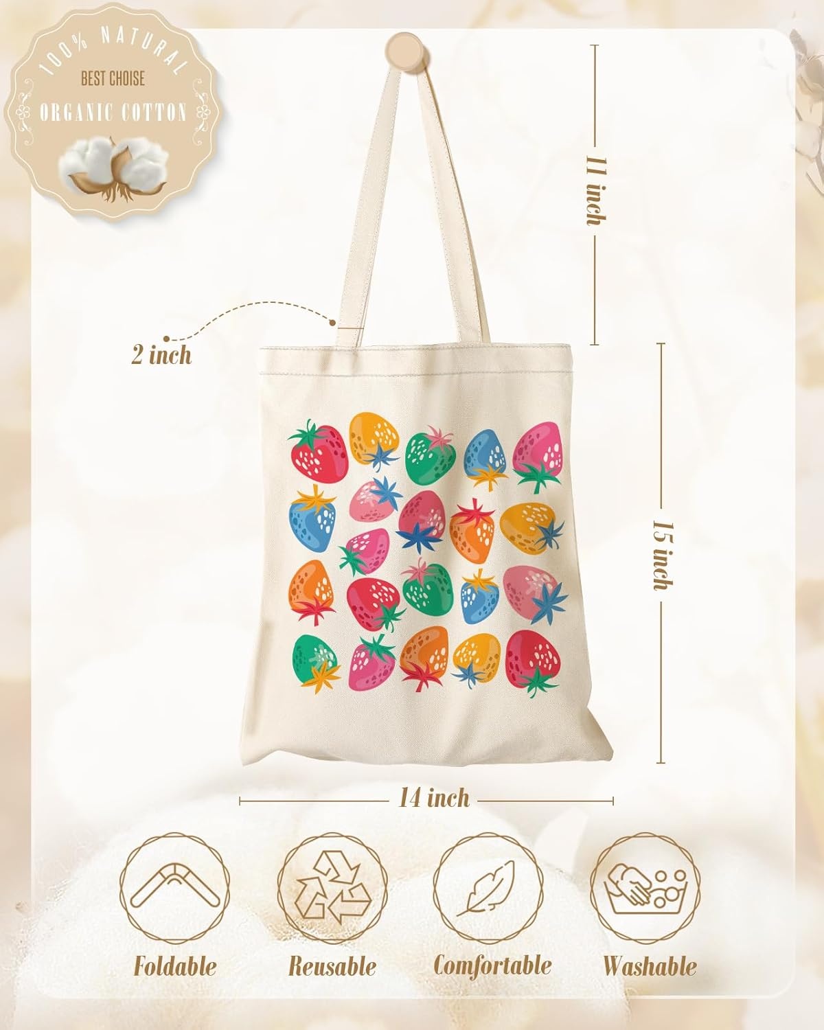 image:imageMiss Adola Aesthetic Canvas Tote Bag with Inner Pocket for Women Cloth Cotton Totes Bag with Pattern for Shopping GymColorful Stawberry