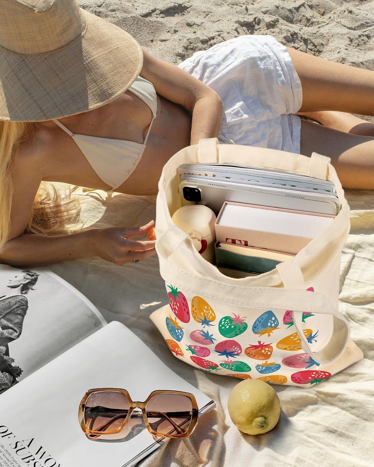 image:imageMiss Adola Aesthetic Canvas Tote Bag with Inner Pocket for Women Cloth Cotton Totes Bag with Pattern for Shopping GymColorful Stawberry