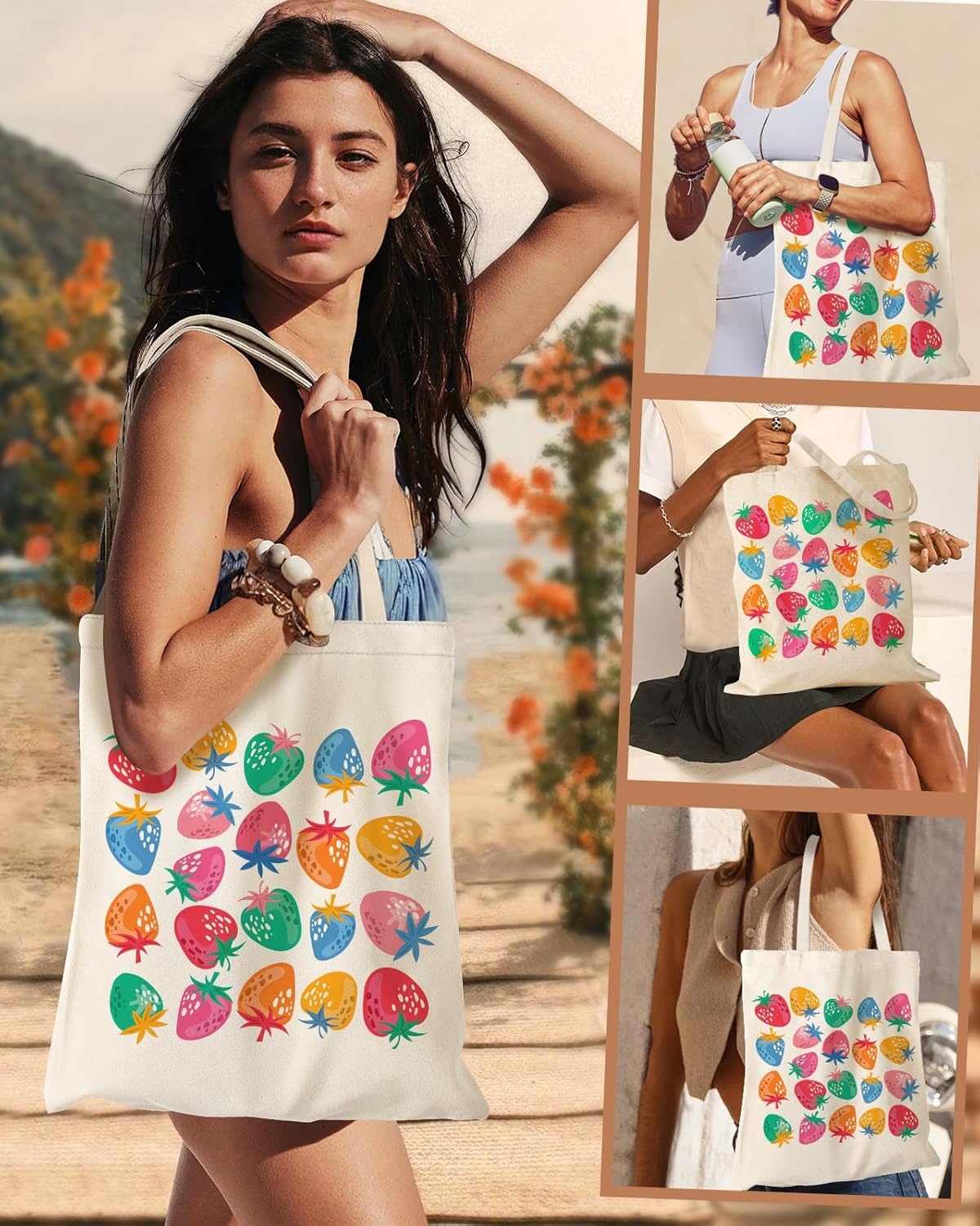 image:imageMiss Adola Aesthetic Canvas Tote Bag with Inner Pocket for Women Cloth Cotton Totes Bag with Pattern for Shopping GymColorful Stawberry