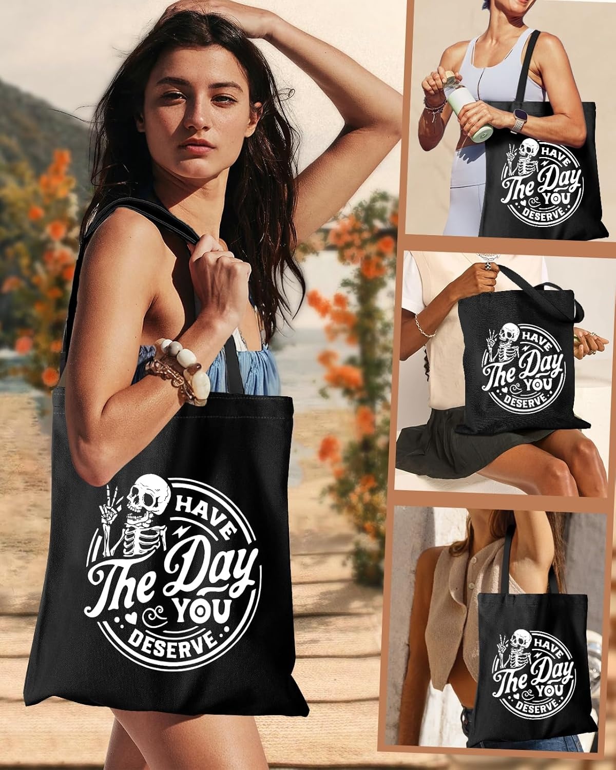 image:imageMiss Adola Aesthetic Canvas Tote Bag with Inner Pocket for Women Cloth Cotton Totes Bag with Pattern for Shopping GymDeserve Skull