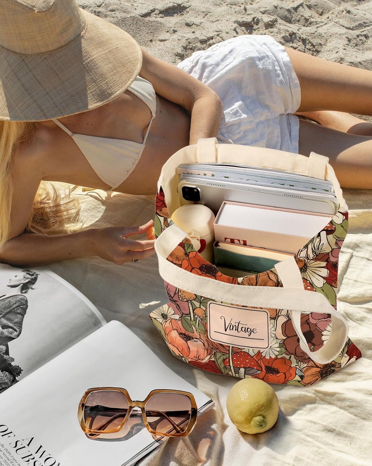image:imageMiss Adola Aesthetic Canvas Tote Bag with Inner Pocket for Women Cloth Cotton Totes Bag with Pattern for Shopping GymRed Mushroom Flower