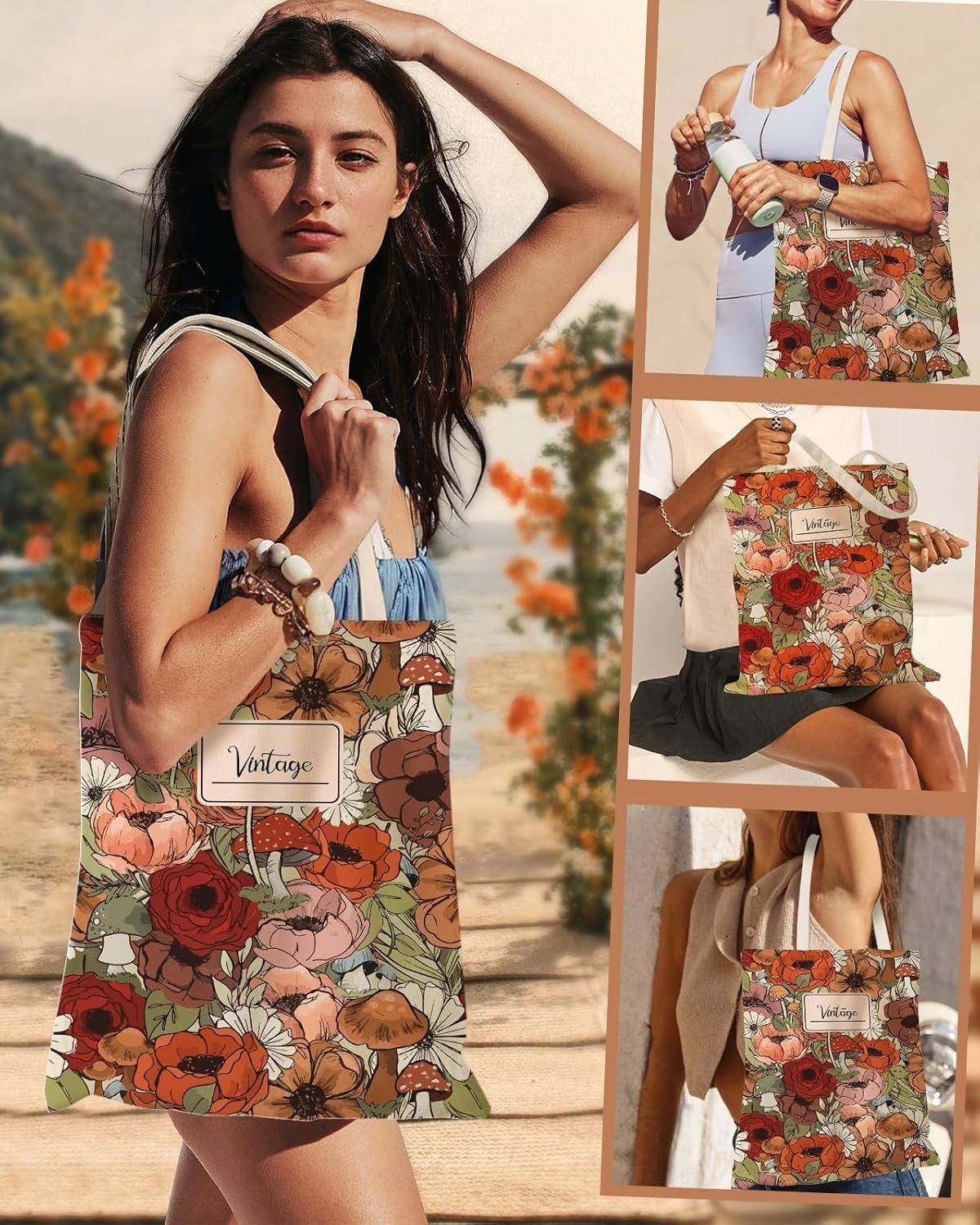 image:imageMiss Adola Aesthetic Canvas Tote Bag with Inner Pocket for Women Cloth Cotton Totes Bag with Pattern for Shopping GymRed Mushroom Flower