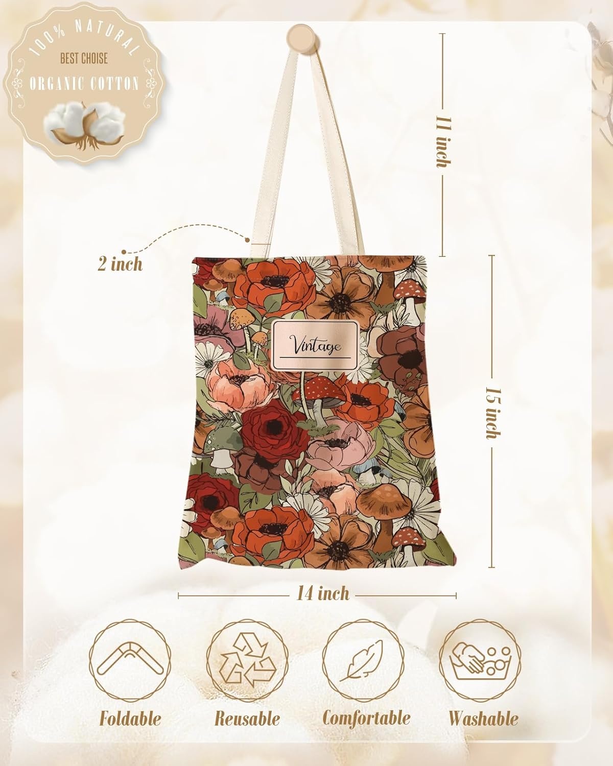 image:imageMiss Adola Aesthetic Canvas Tote Bag with Inner Pocket for Women Cloth Cotton Totes Bag with Pattern for Shopping GymRed Mushroom Flower