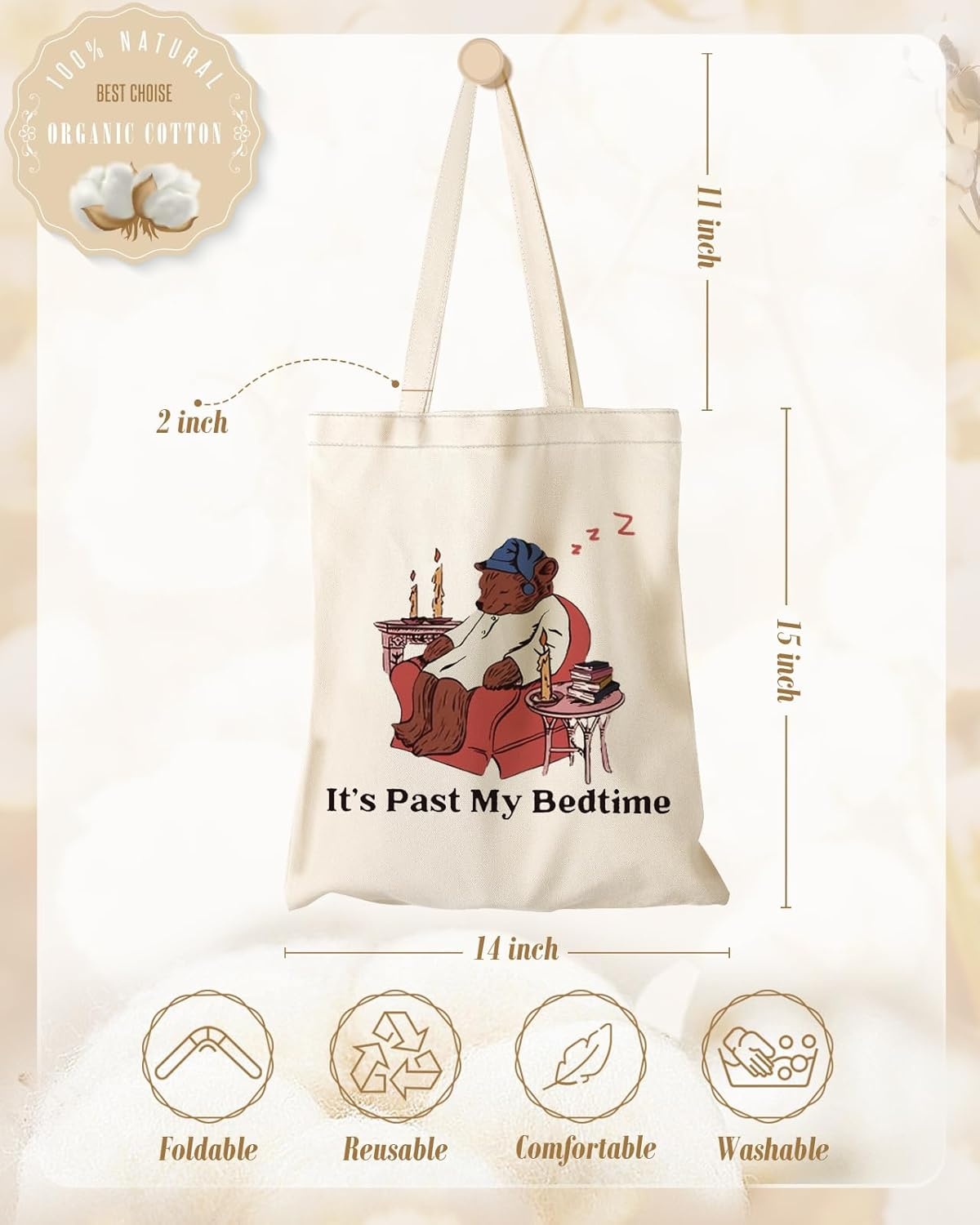 image:imageMiss Adola Aesthetic Canvas Tote Bag with Inner Pocket for Women Cloth Cotton Totes Bag with Pattern for Shopping GymSleep Bear