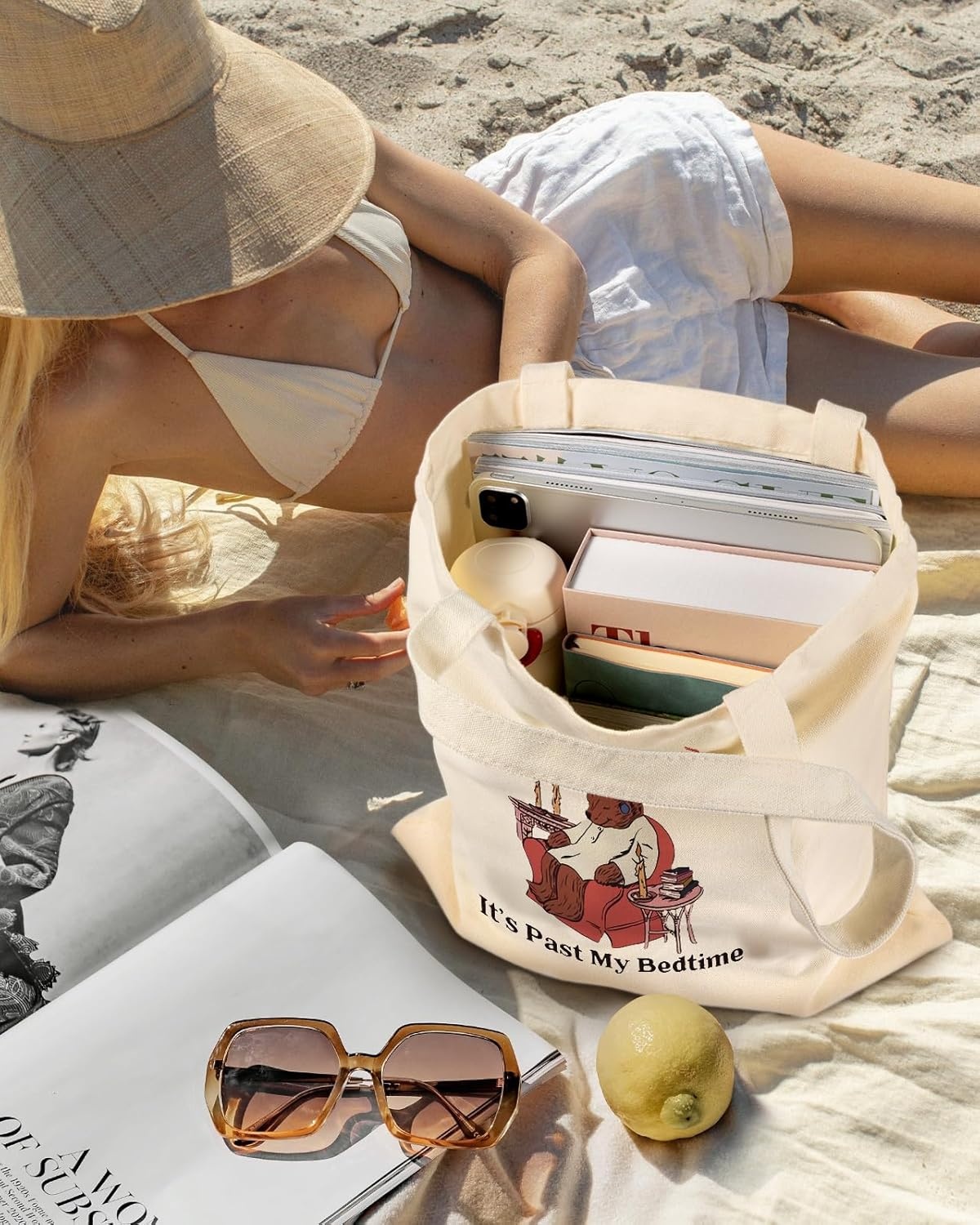 image:imageMiss Adola Aesthetic Canvas Tote Bag with Inner Pocket for Women Cloth Cotton Totes Bag with Pattern for Shopping GymSleep Bear
