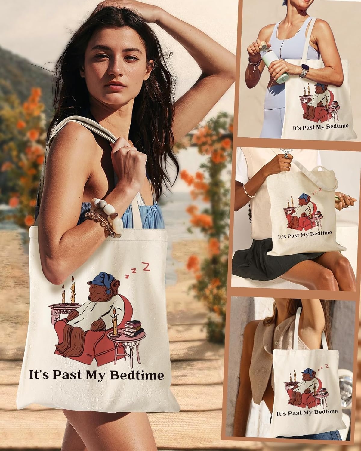 image:imageMiss Adola Aesthetic Canvas Tote Bag with Inner Pocket for Women Cloth Cotton Totes Bag with Pattern for Shopping GymSleep Bear