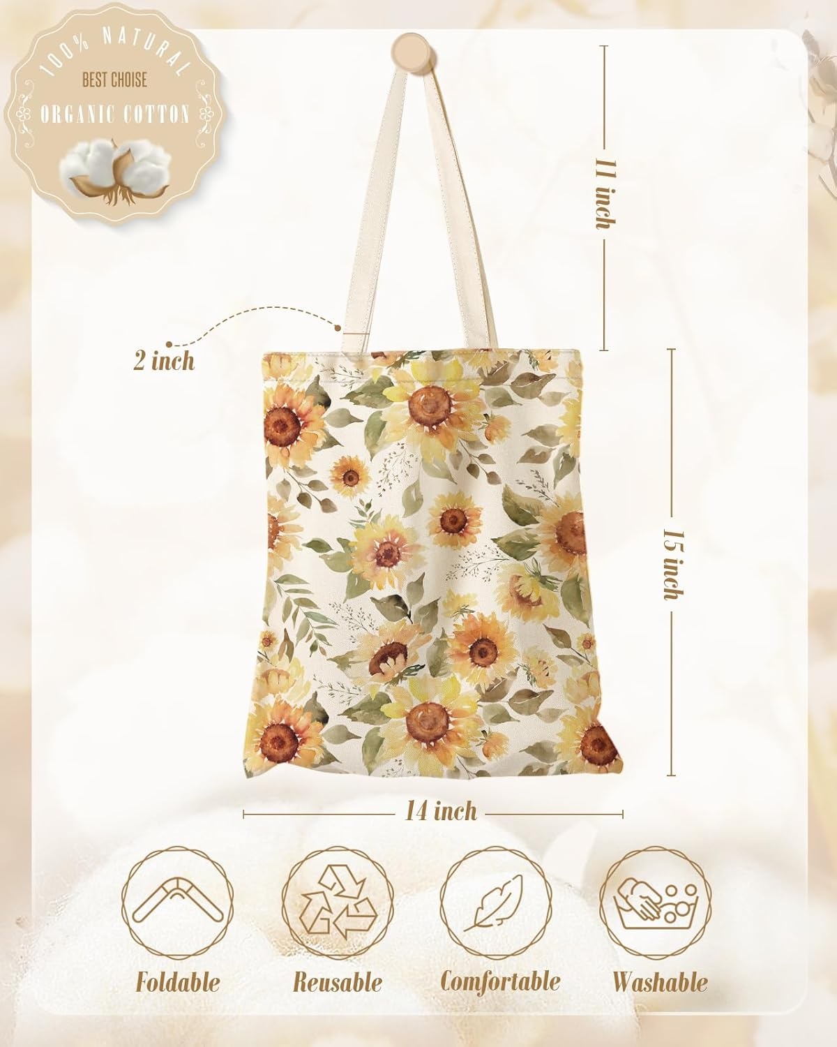 image:imageMiss Adola Aesthetic Canvas Tote Bag with Inner Pocket for Women Cloth Cotton Totes Bag with Pattern for Shopping GymSunflower