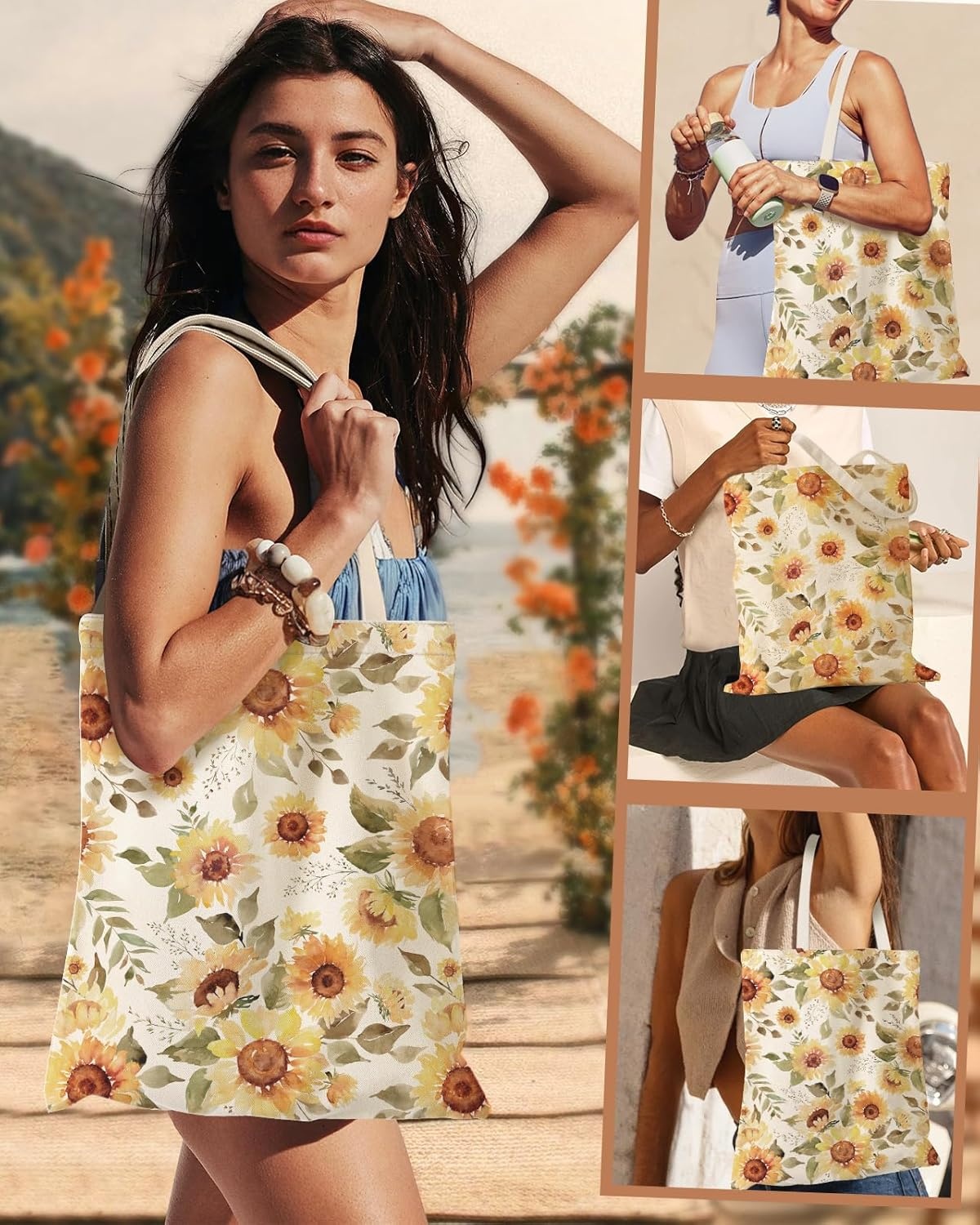 image:imageMiss Adola Aesthetic Canvas Tote Bag with Inner Pocket for Women Cloth Cotton Totes Bag with Pattern for Shopping GymSunflower