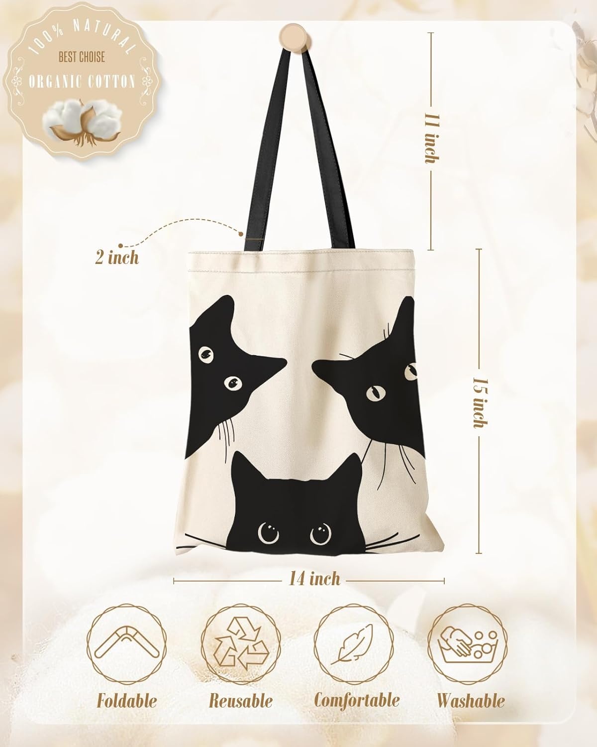 image:imageMiss Adola Aesthetic Canvas Tote Bag with Inner Pocket for Women Cloth Cotton Totes Bag with Pattern for Shopping GymThree Black Cat