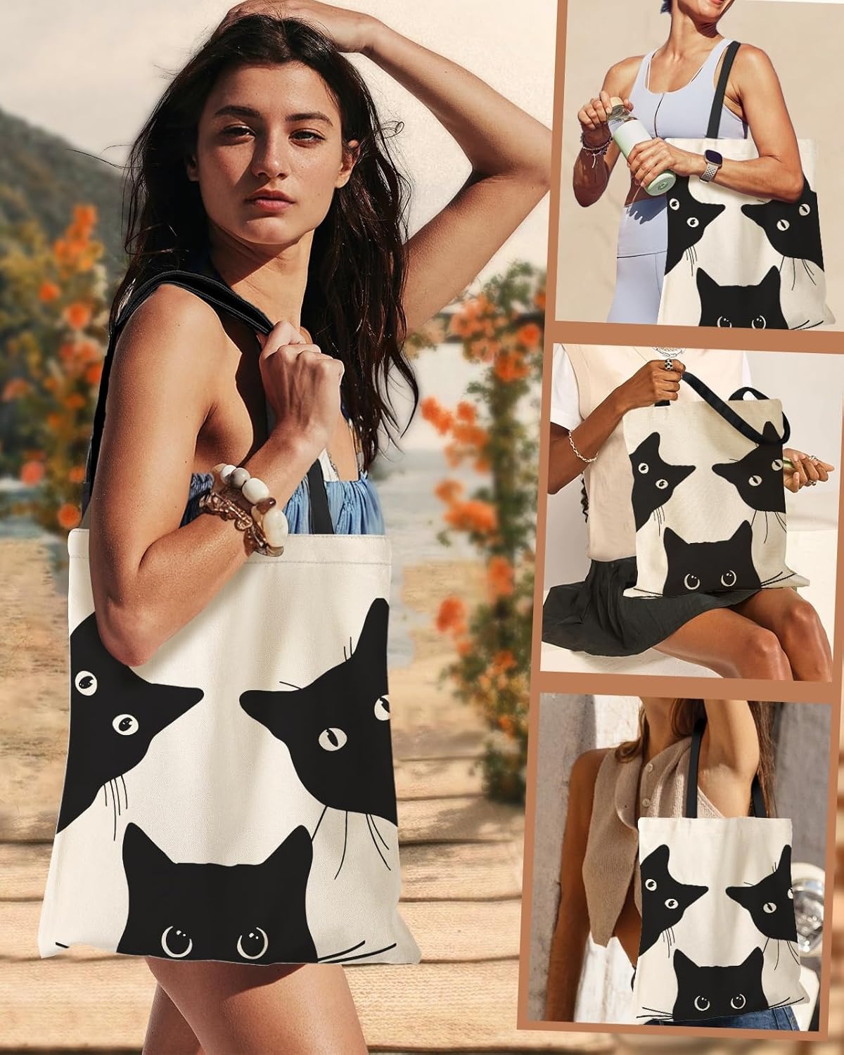 image:imageMiss Adola Aesthetic Canvas Tote Bag with Inner Pocket for Women Cloth Cotton Totes Bag with Pattern for Shopping GymThree Black Cat