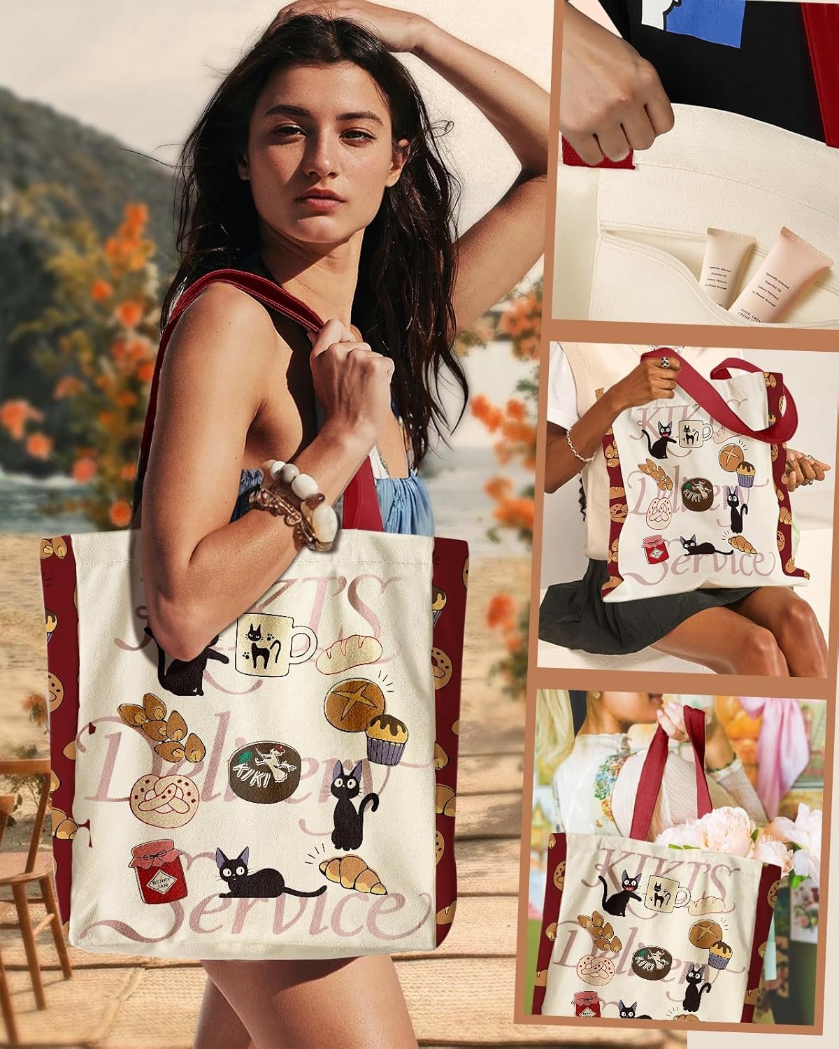 image:imageMiss Adola Aesthetic Heavy Canvas Tote Bag with Pocket for Women Large Size 141635 Cloth Cotton Bags for ShoppingCat Cake