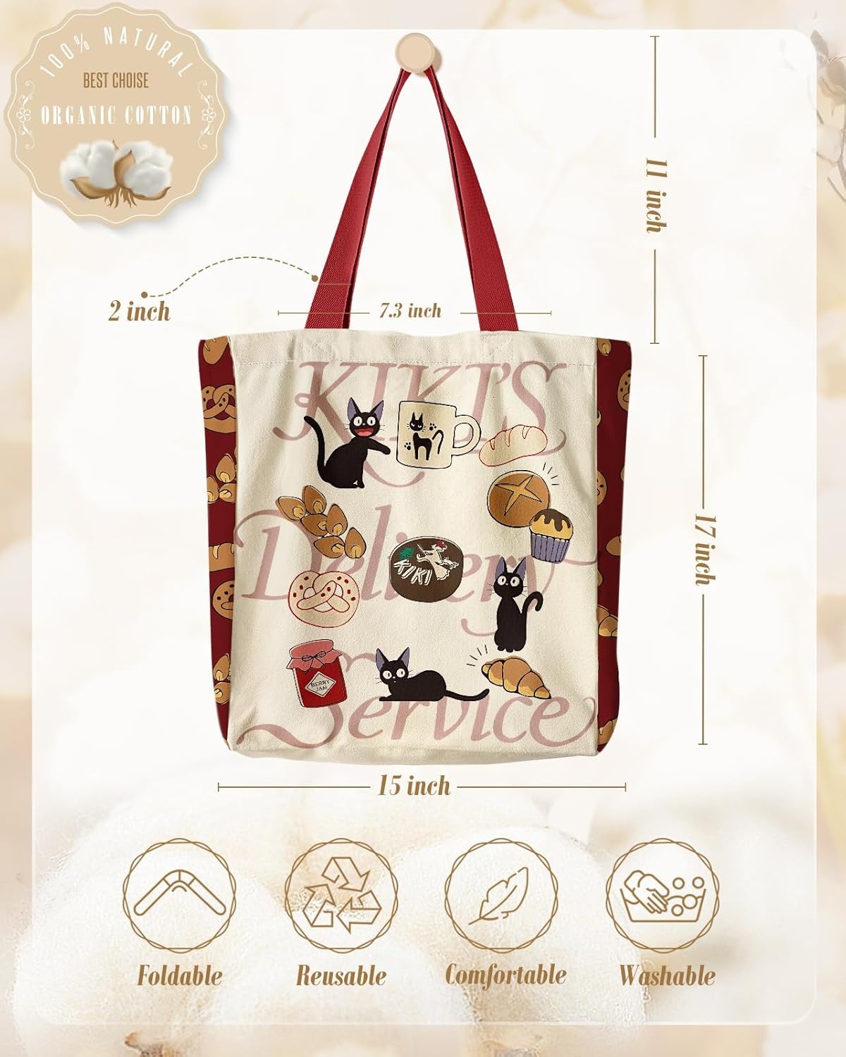 image:imageMiss Adola Aesthetic Heavy Canvas Tote Bag with Pocket for Women Large Size 141635 Cloth Cotton Bags for ShoppingCat Cake