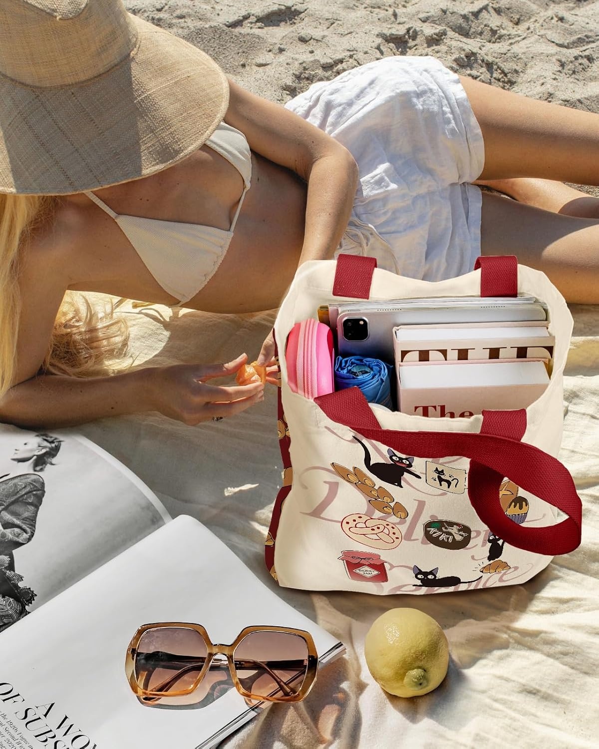 image:imageMiss Adola Aesthetic Heavy Canvas Tote Bag with Pocket for Women Large Size 141635 Cloth Cotton Bags for ShoppingCat Cake