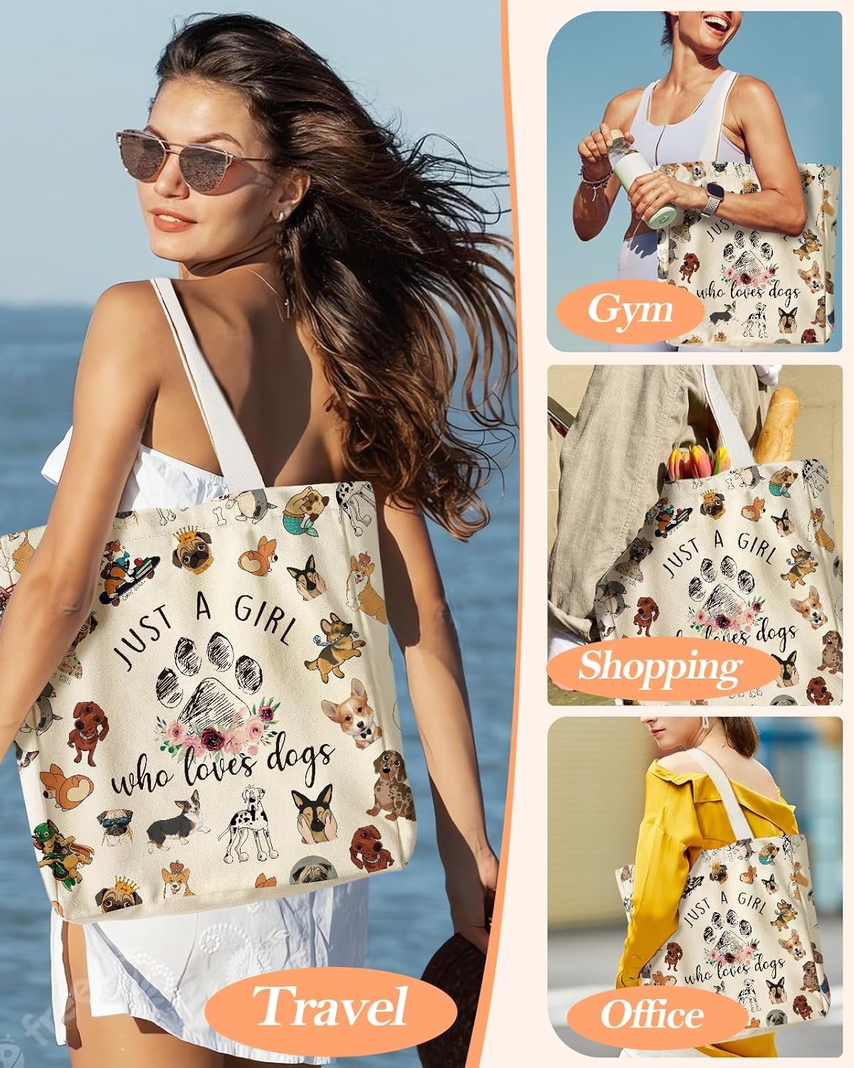 image:imageMiss Adola Aesthetic Heavy Canvas Tote Bag with Pocket for Women Large Size 141635 Cloth Cotton Bags for ShoppingLittle Puppy