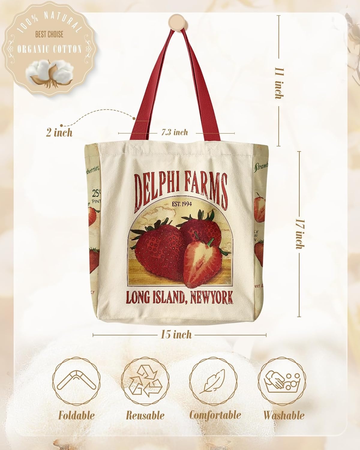 image:imageMiss Adola Aesthetic Heavy Canvas Tote Bag with Pocket for Women Large Size 141635 Cloth Cotton Bags for ShoppingStrawberry Farms