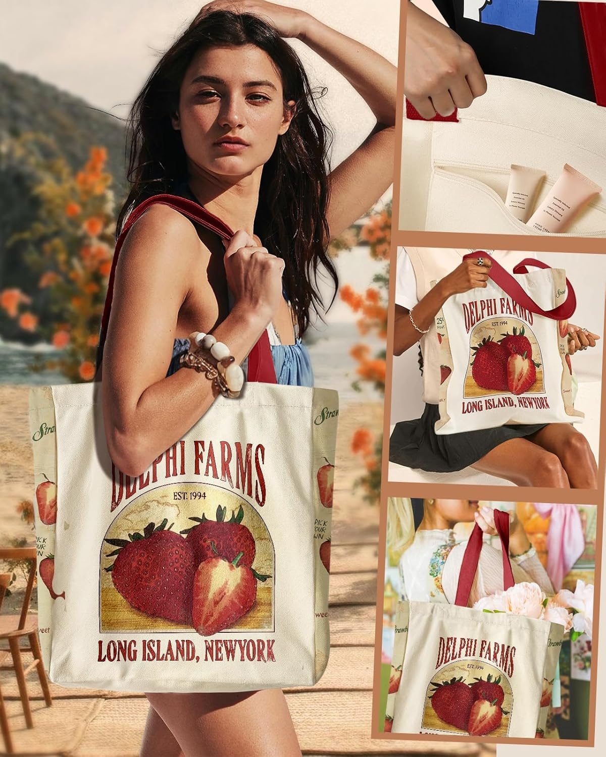 image:imageMiss Adola Aesthetic Heavy Canvas Tote Bag with Pocket for Women Large Size 141635 Cloth Cotton Bags for ShoppingStrawberry Farms