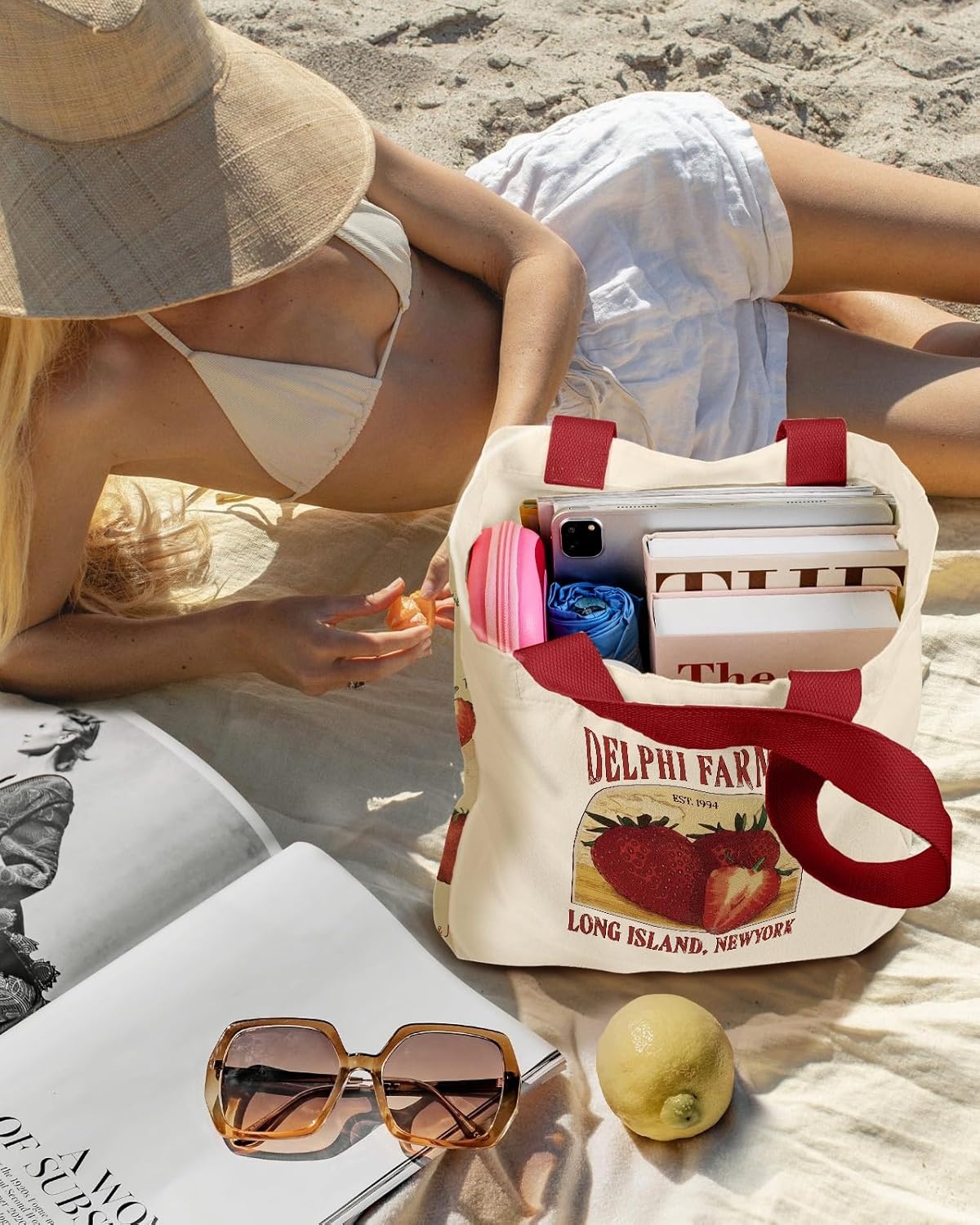 image:imageMiss Adola Aesthetic Heavy Canvas Tote Bag with Pocket for Women Large Size 141635 Cloth Cotton Bags for ShoppingStrawberry Farms