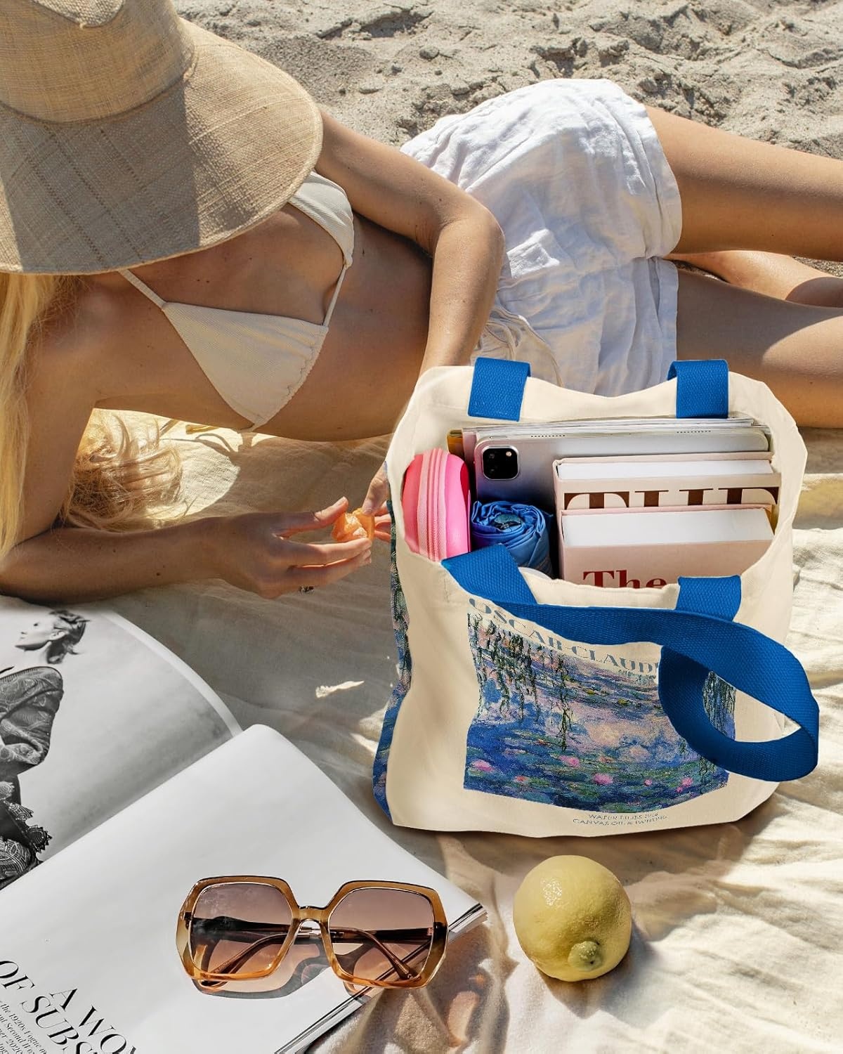 image:imageMiss Adola Aesthetic Heavy Canvas Tote Bag with Pocket for Women Large Size 141635 Cloth Cotton Bags for ShoppingWater Lily