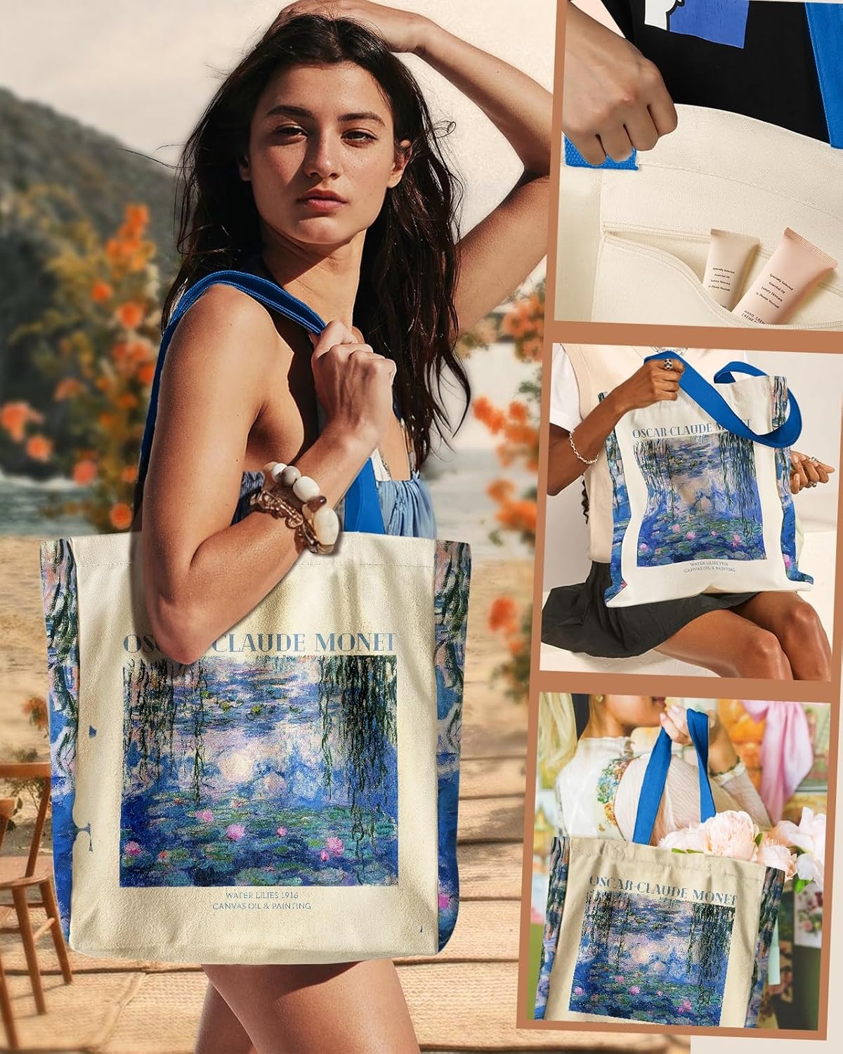 image:imageMiss Adola Aesthetic Heavy Canvas Tote Bag with Pocket for Women Large Size 141635 Cloth Cotton Bags for ShoppingWater Lily