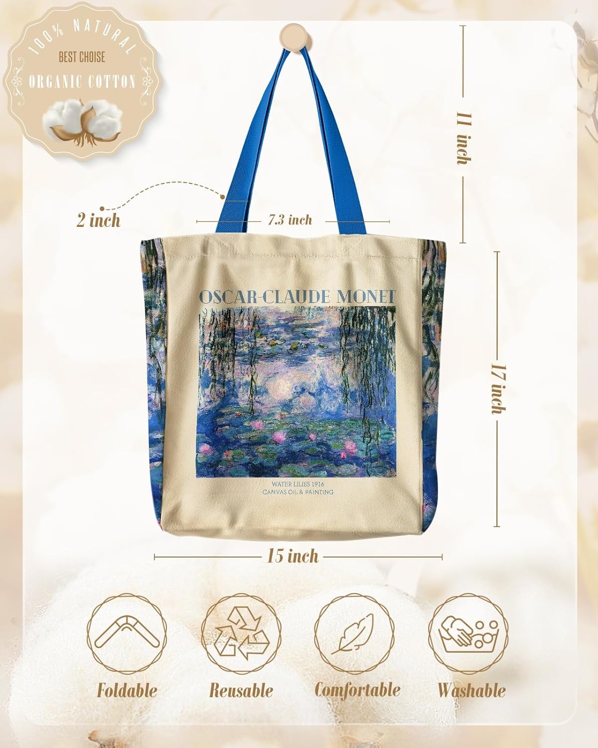 image:imageMiss Adola Aesthetic Heavy Canvas Tote Bag with Pocket for Women Large Size 141635 Cloth Cotton Bags for ShoppingWater Lily