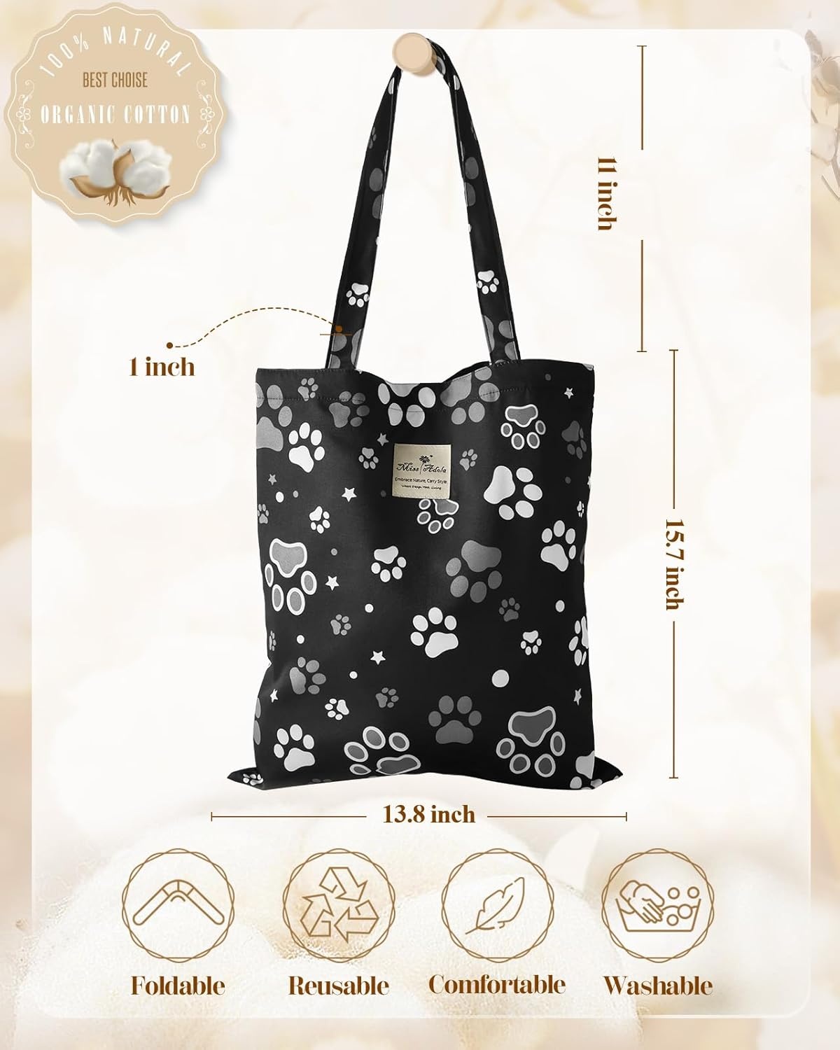 image:imageMiss Adola Aesthetic Tote Bag for Women Reusable Shoulder Bag with Buckle Fabric Bag for Gym Travel WorkBlack Dog Claw