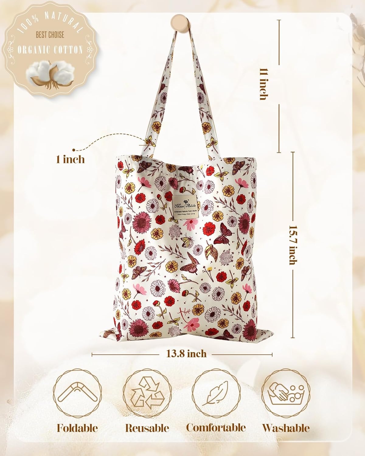 image:imageMiss Adola Aesthetic Tote Bag for Women Reusable Shoulder Bag with Buckle Fabric Bag for Gym Travel WorkButterfly Flower