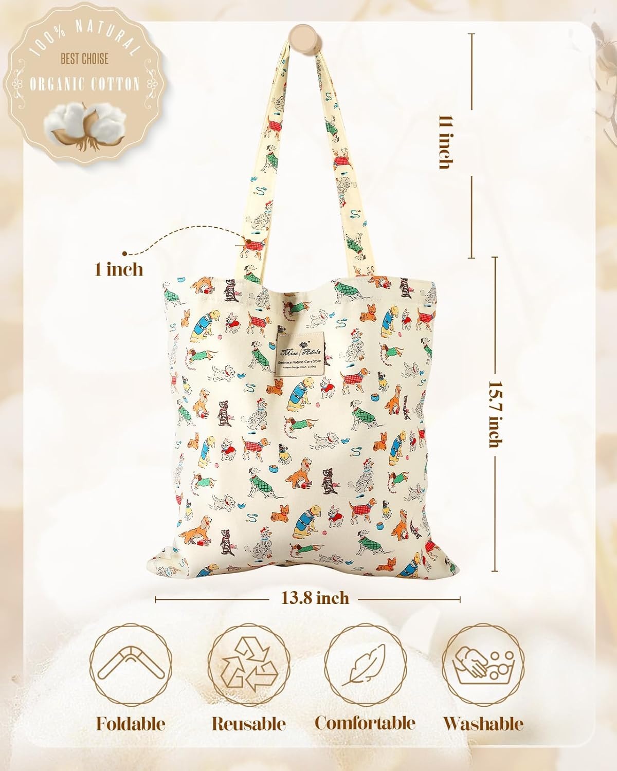 image:imageMiss Adola Aesthetic Tote Bag for Women Reusable Shoulder Bag with Buckle Fabric Bag for Gym Travel WorkCartoon Puppy