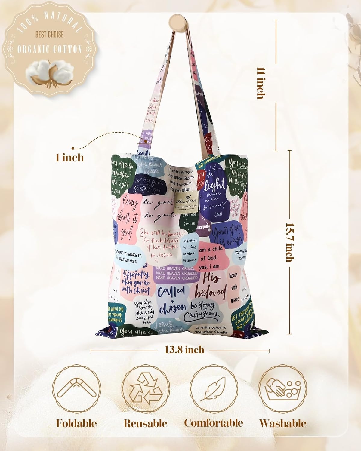 image:imageMiss Adola Aesthetic Tote Bag for Women Reusable Shoulder Bag with Buckle Fabric Bag for Gym Travel WorkChristian Quotes