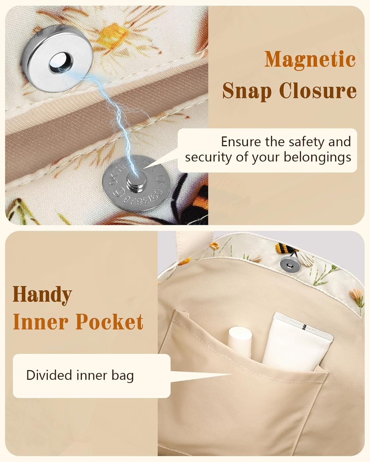 image:imageMiss Adola Aesthetic Tote Bag for Women Reusable Shoulder Bag with Buckle Fabric Bag for Gym Travel WorkFlower Bee