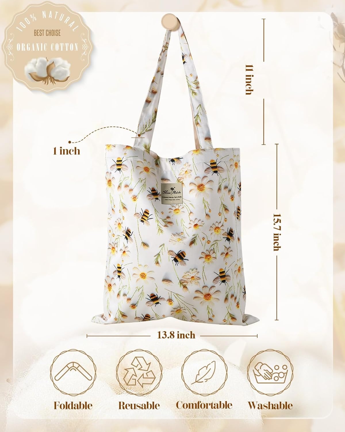 image:imageMiss Adola Aesthetic Tote Bag for Women Reusable Shoulder Bag with Buckle Fabric Bag for Gym Travel WorkFlower Bee