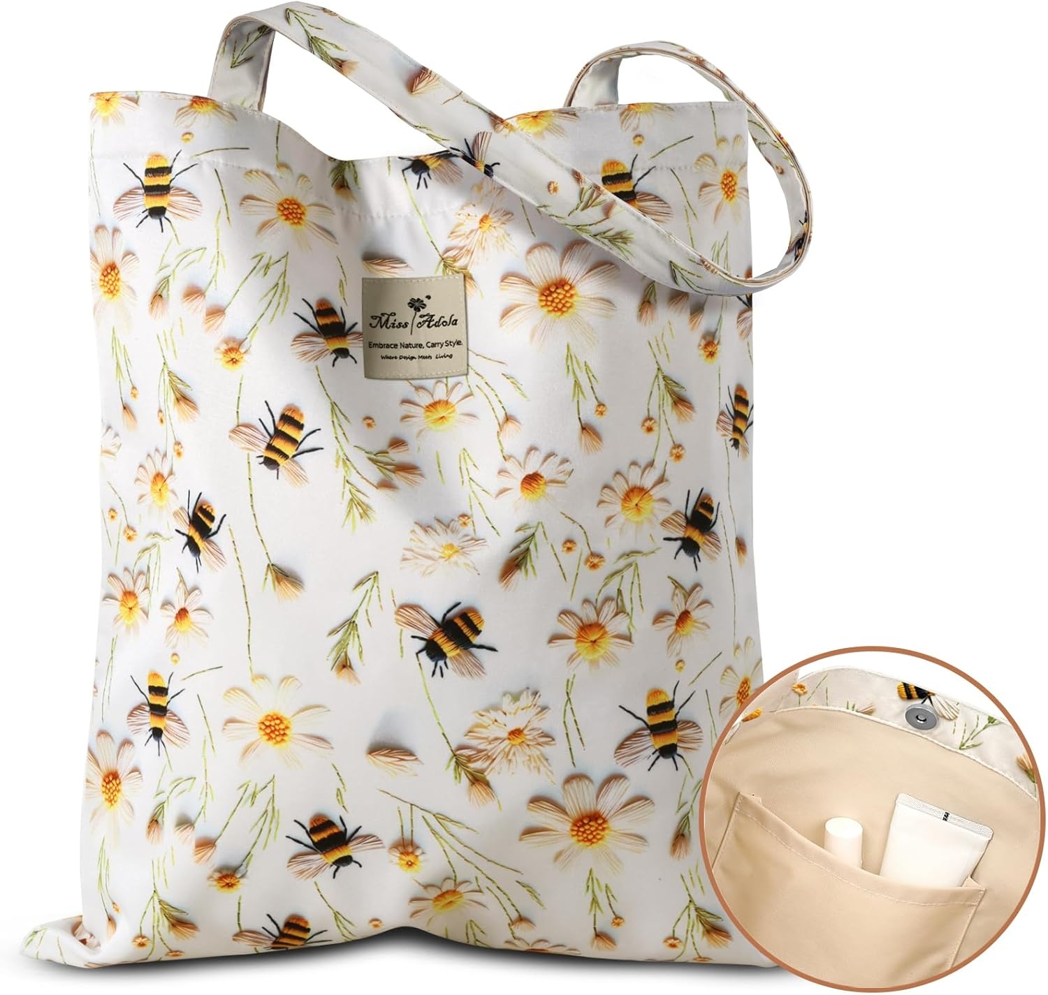 image:imageMiss Adola Aesthetic Tote Bag for Women Reusable Shoulder Bag with Buckle Fabric Bag for Gym Travel WorkFlower Bee