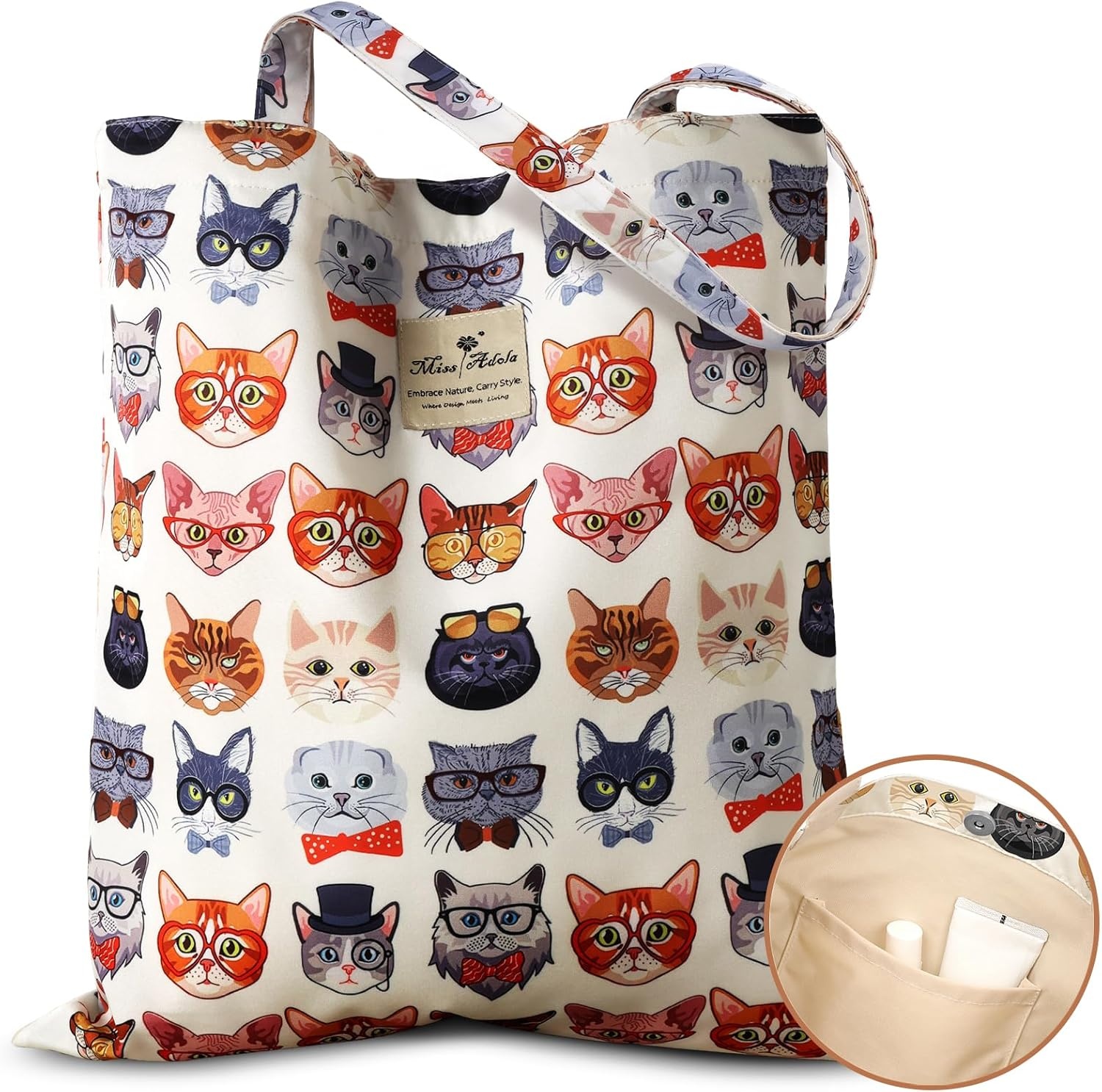 image:imageMiss Adola Aesthetic Tote Bag for Women Reusable Shoulder Bag with Buckle Fabric Bag for Gym Travel WorkGlasses Cats