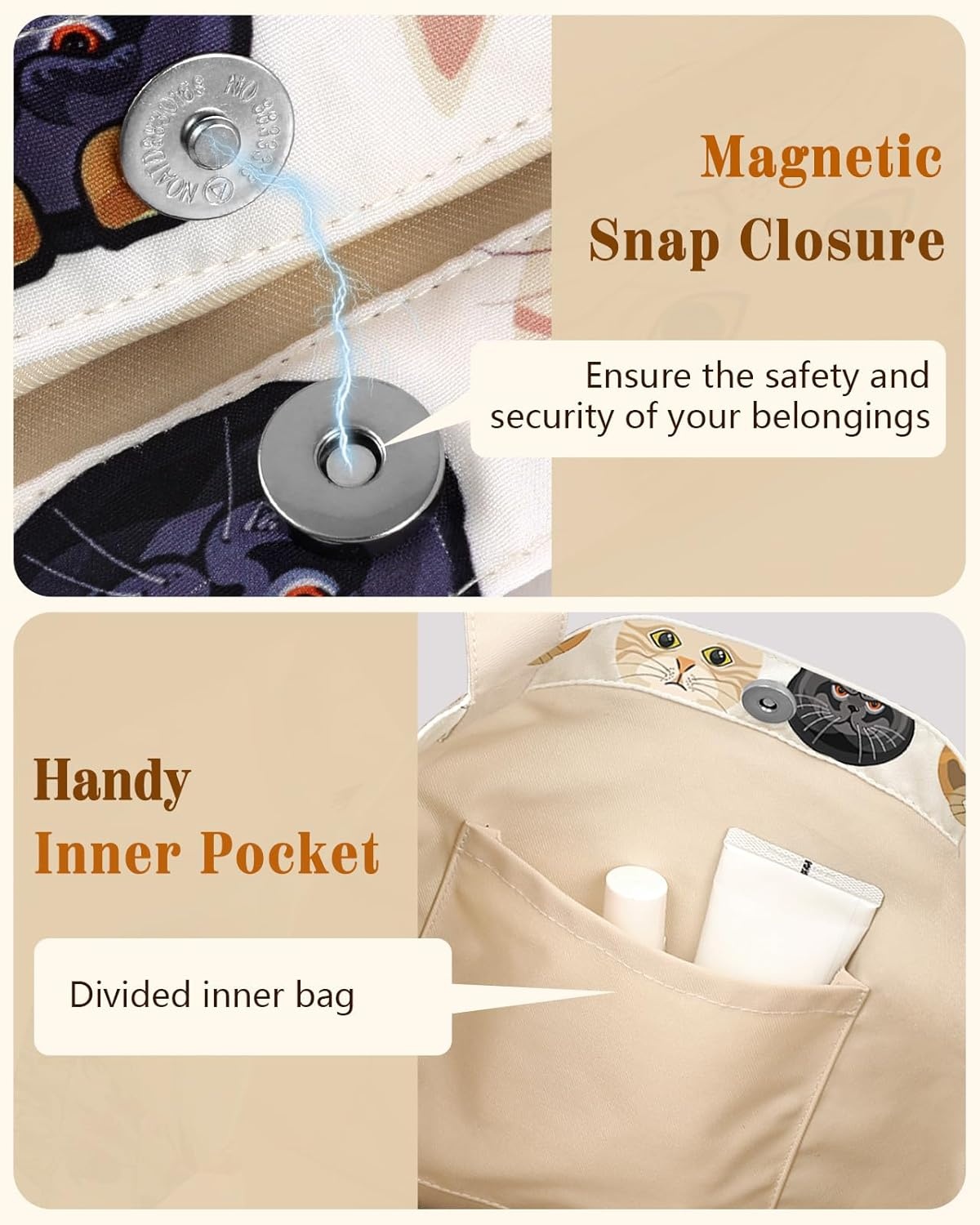 image:imageMiss Adola Aesthetic Tote Bag for Women Reusable Shoulder Bag with Buckle Fabric Bag for Gym Travel WorkGlasses Cats