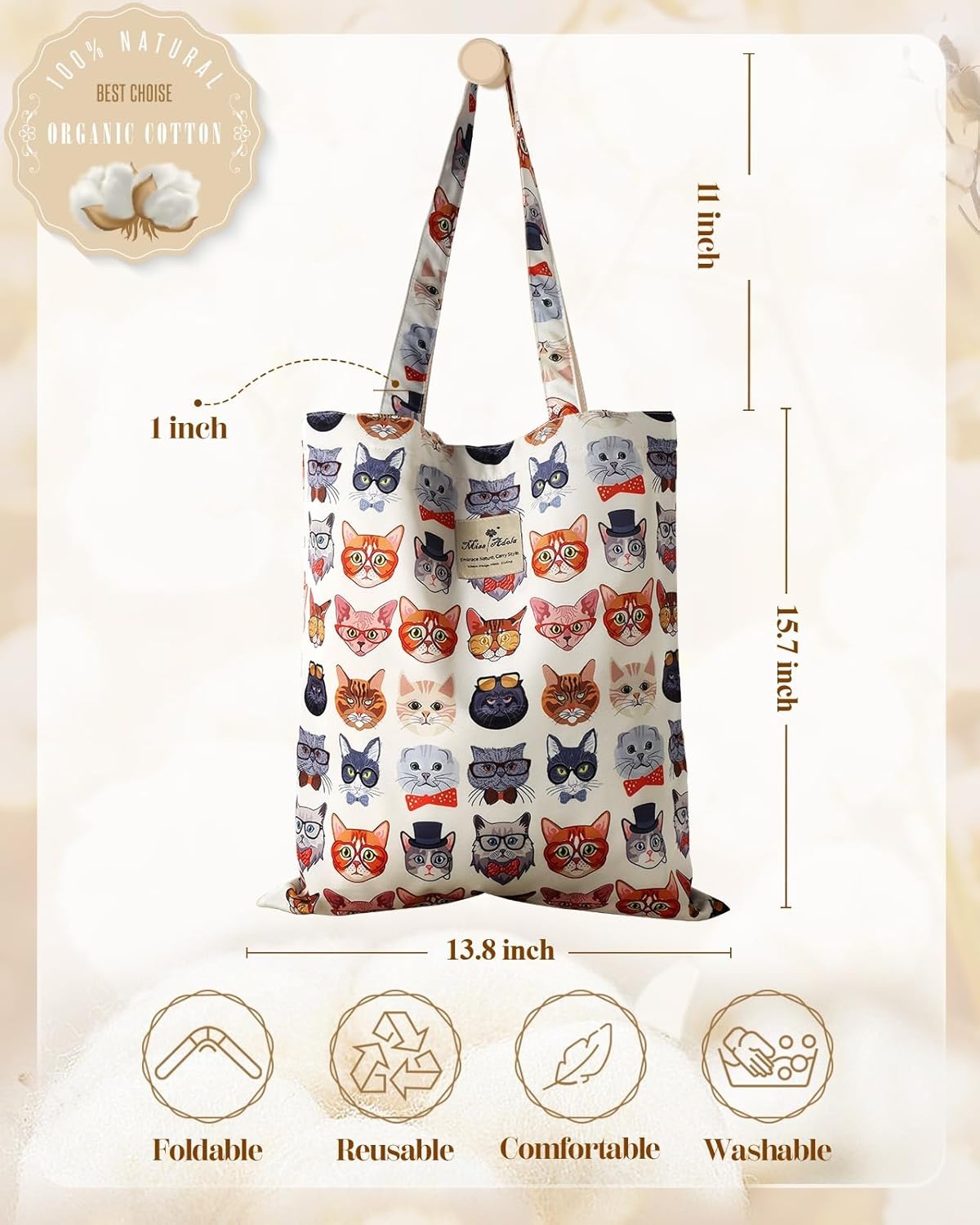 image:imageMiss Adola Aesthetic Tote Bag for Women Reusable Shoulder Bag with Buckle Fabric Bag for Gym Travel WorkGlasses Cats
