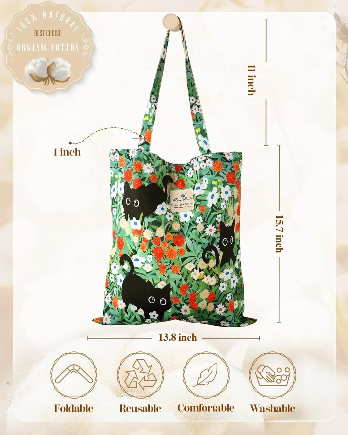 image:imageMiss Adola Aesthetic Tote Bag for Women Reusable Shoulder Bag with Buckle Fabric Bag for Gym Travel WorkGreen Three Cats