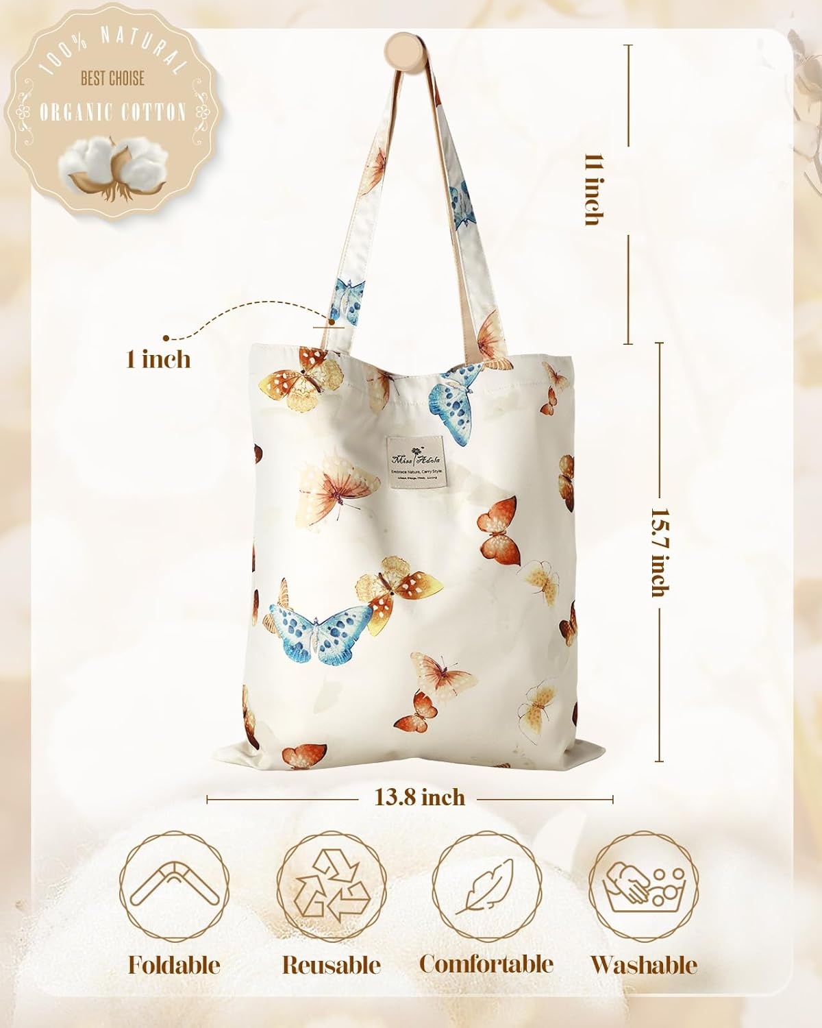 image:imageMiss Adola Aesthetic Tote Bag for Women Reusable Shoulder Bag with Buckle Fabric Bag for Gym Travel WorkInk Butterfly